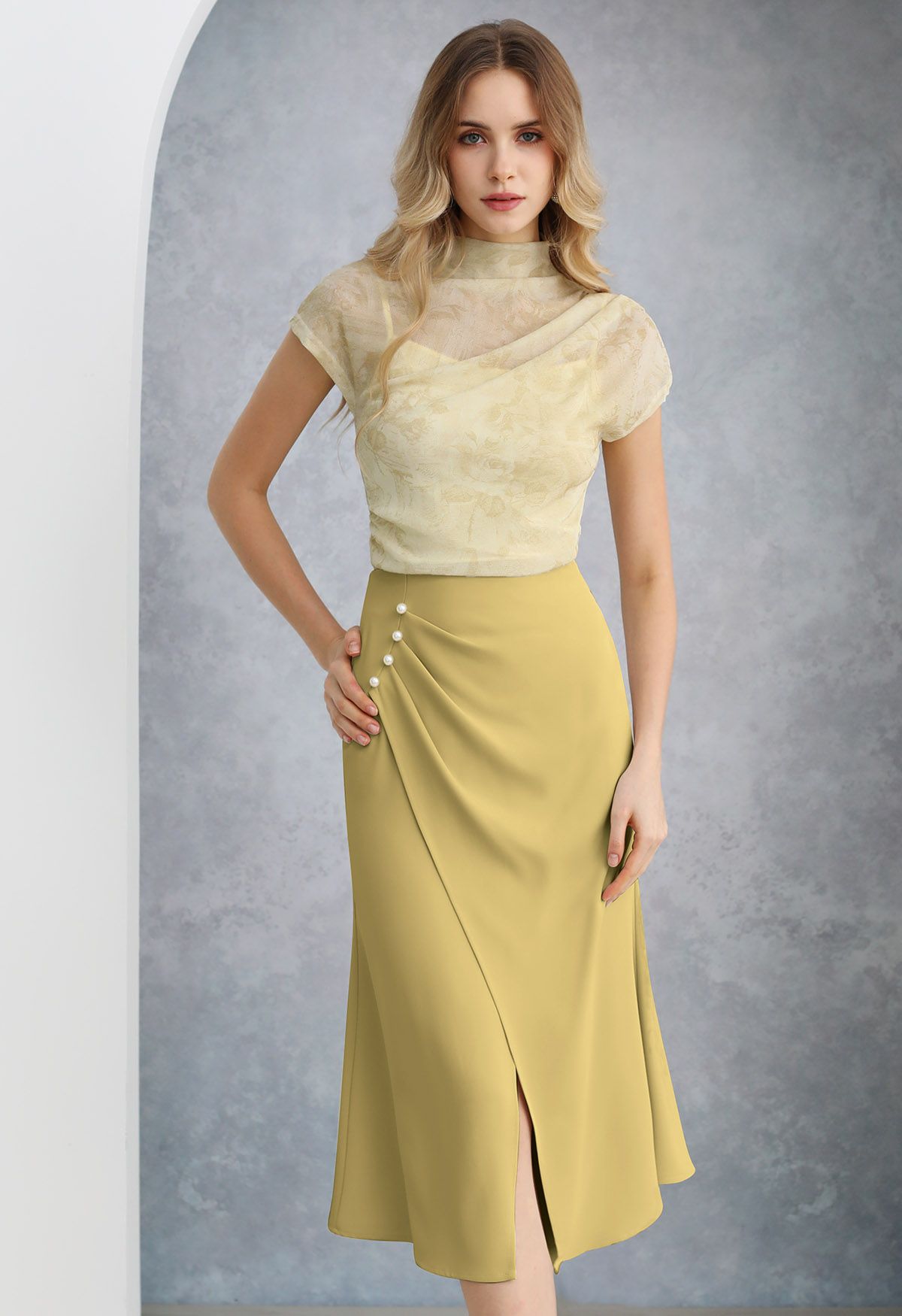 Pearl Side Pleats Asymmetric Flap Midi Skirt in Mustard