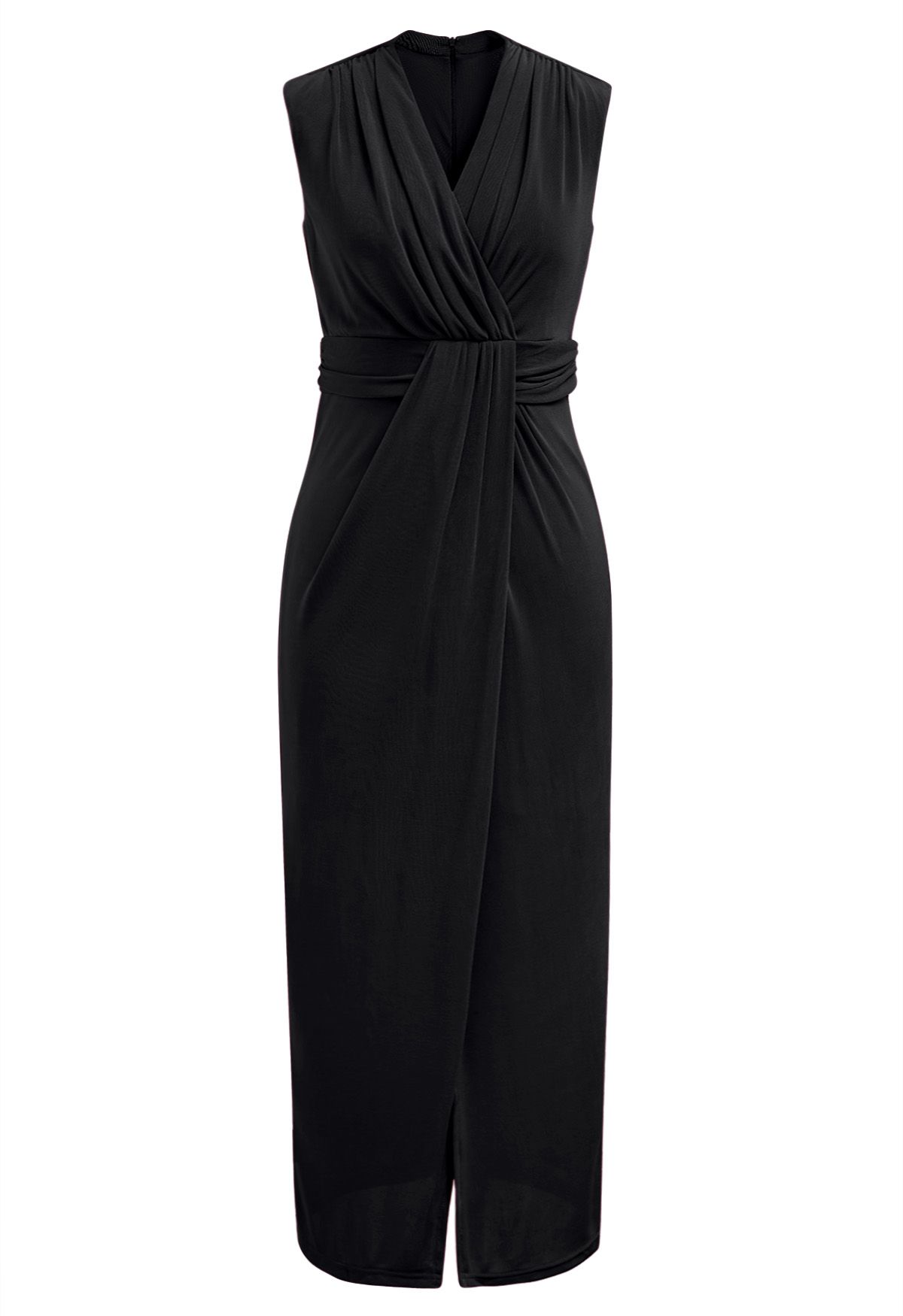 Cinched Waist Faux-Wrap Sheath Dress in Black