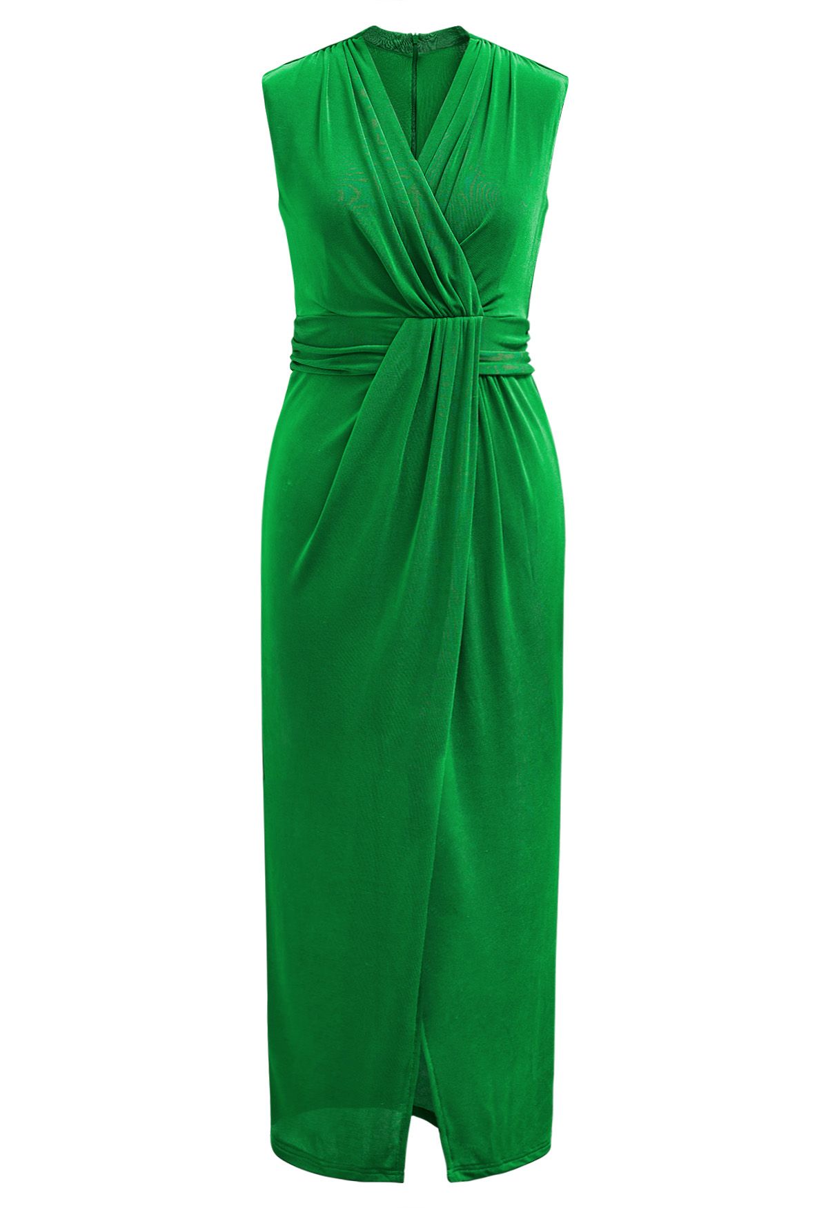 Cinched Waist Faux-Wrap Sheath Dress in Green