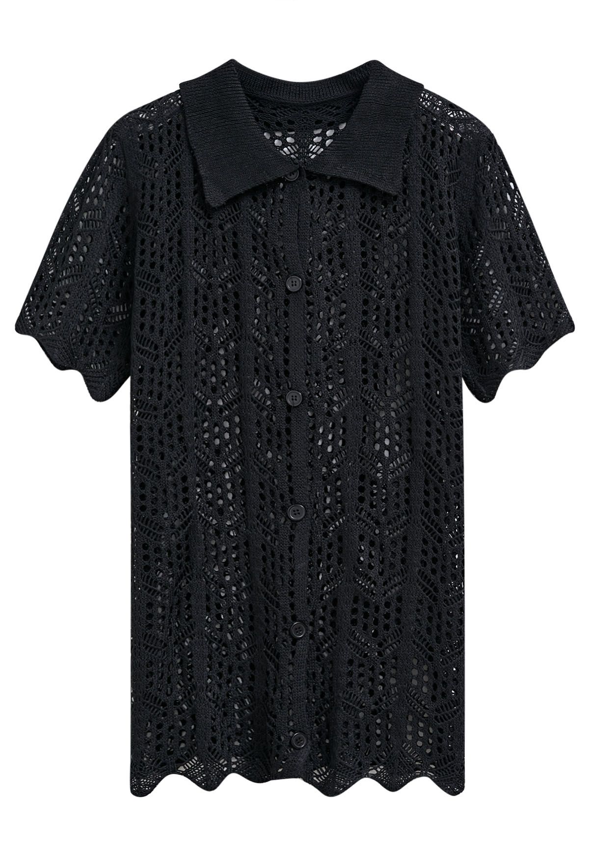 Boho Beach Crochet Buttoned Cover-Up in Black