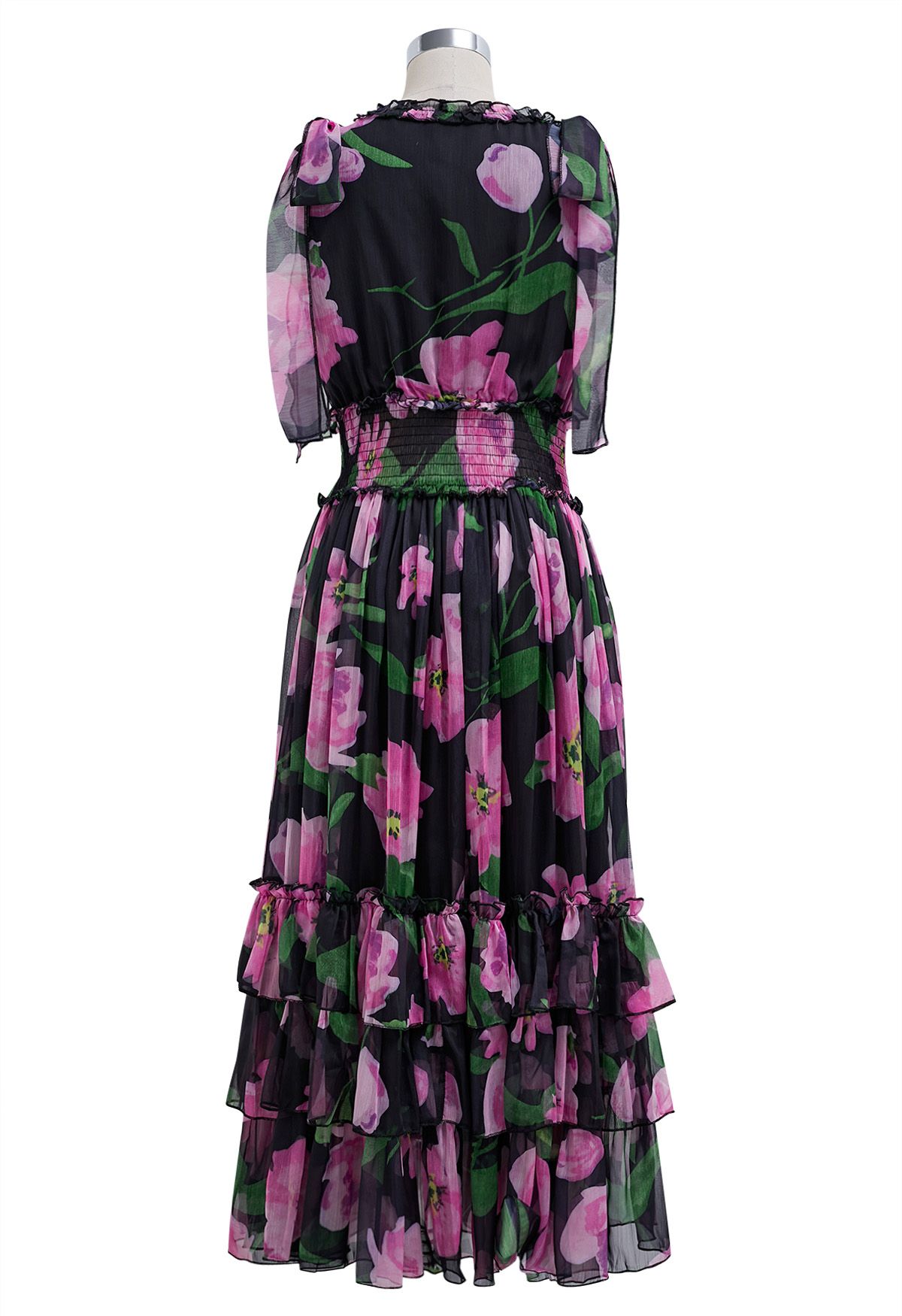 Floral Printed Tie Bow Ruffle Wrapped Dress