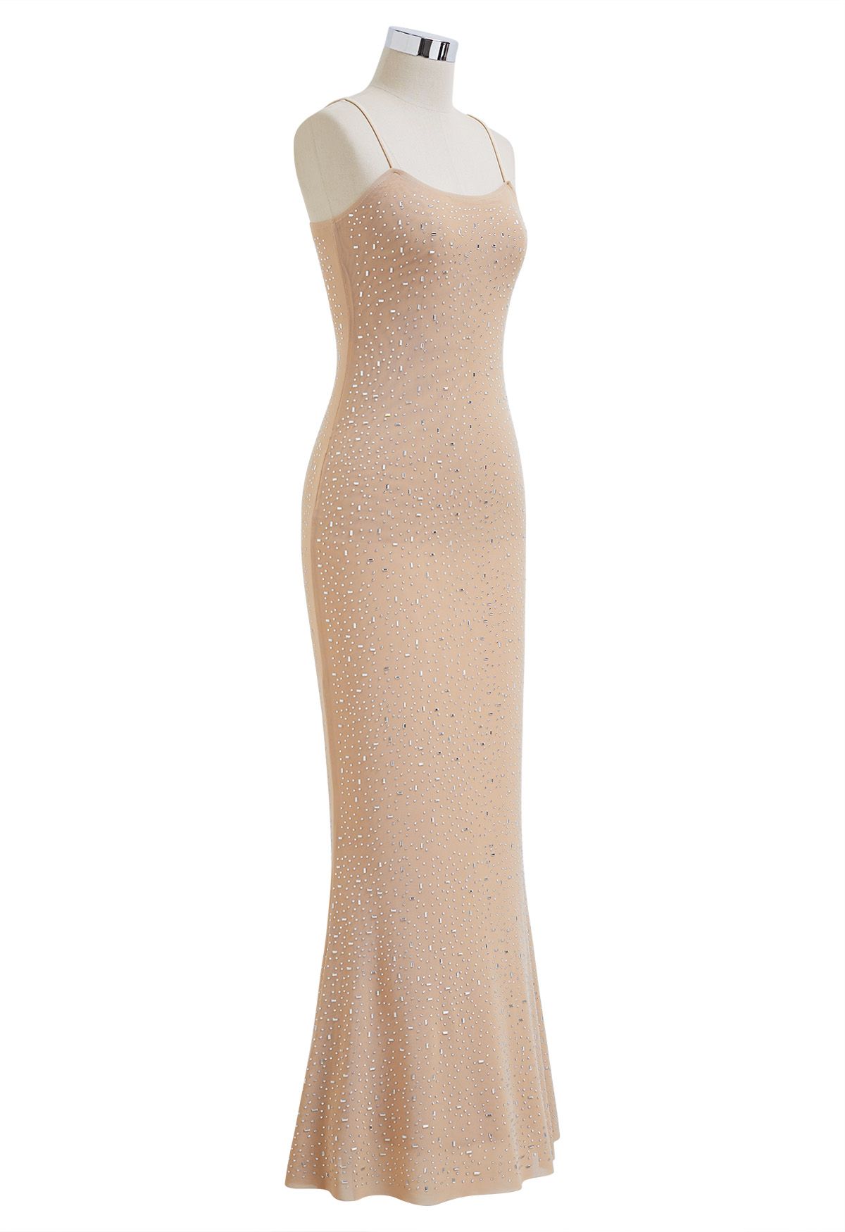 Rhinestone Embellished Bodycon Mesh Maxi Dress in Tan