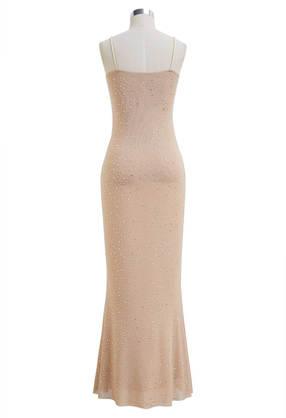 Rhinestone Embellished Bodycon Mesh Maxi Dress in Tan