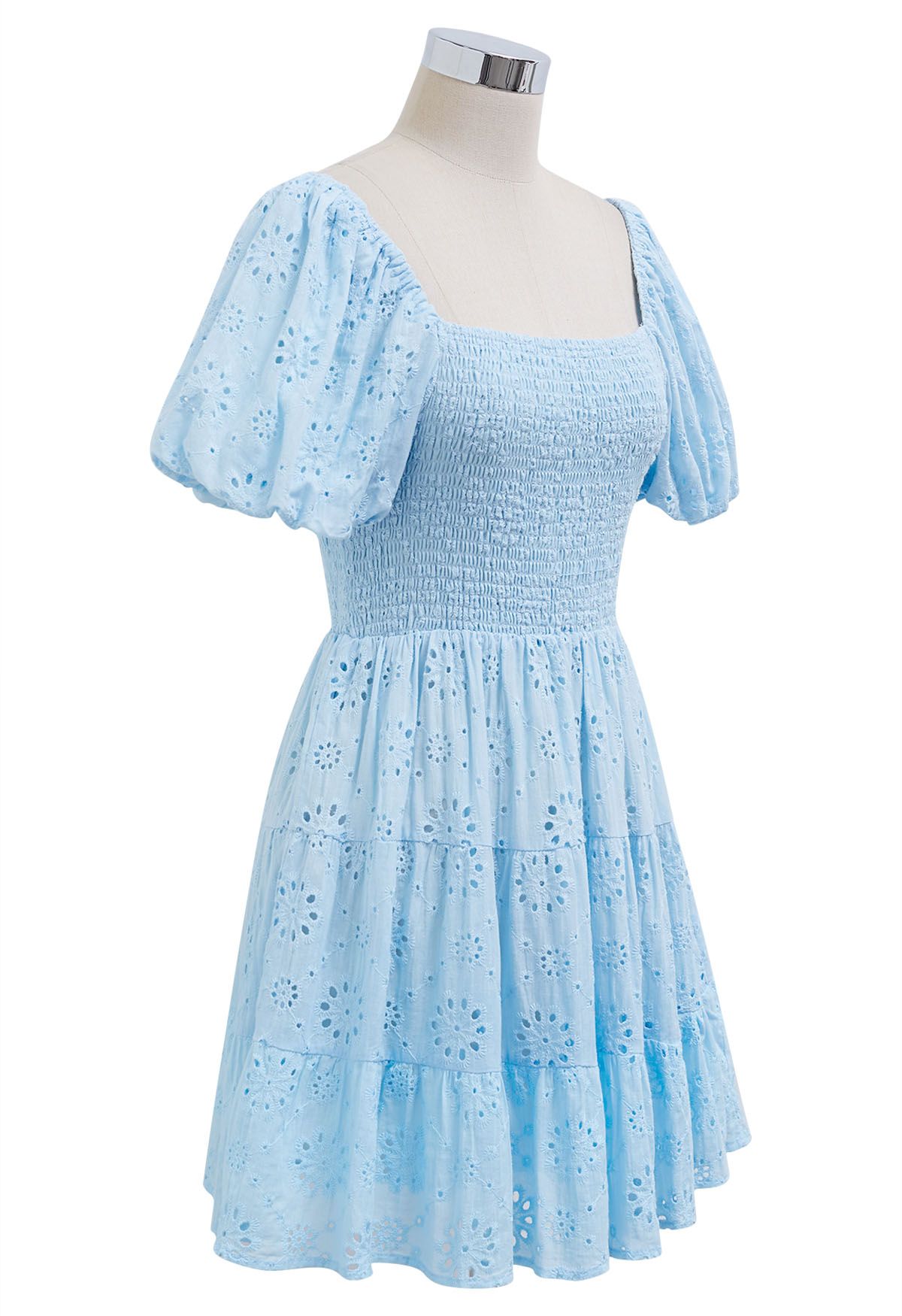 Floral Eyelet Bubble Sleeve Mini Dress in Blue