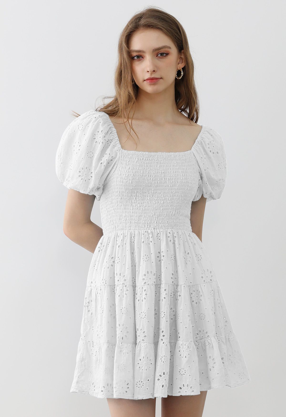 Floral Eyelet Bubble Sleeve Mini Dress in White