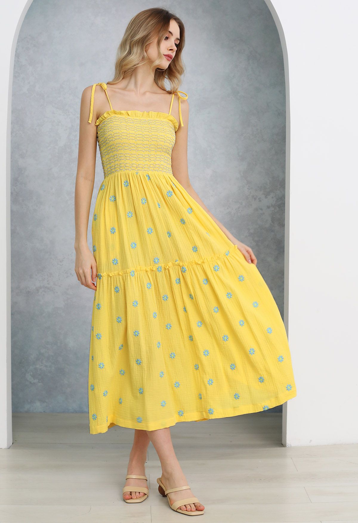 Floret Embroidery Tie-Shoulder Shirred Dress in Yellow