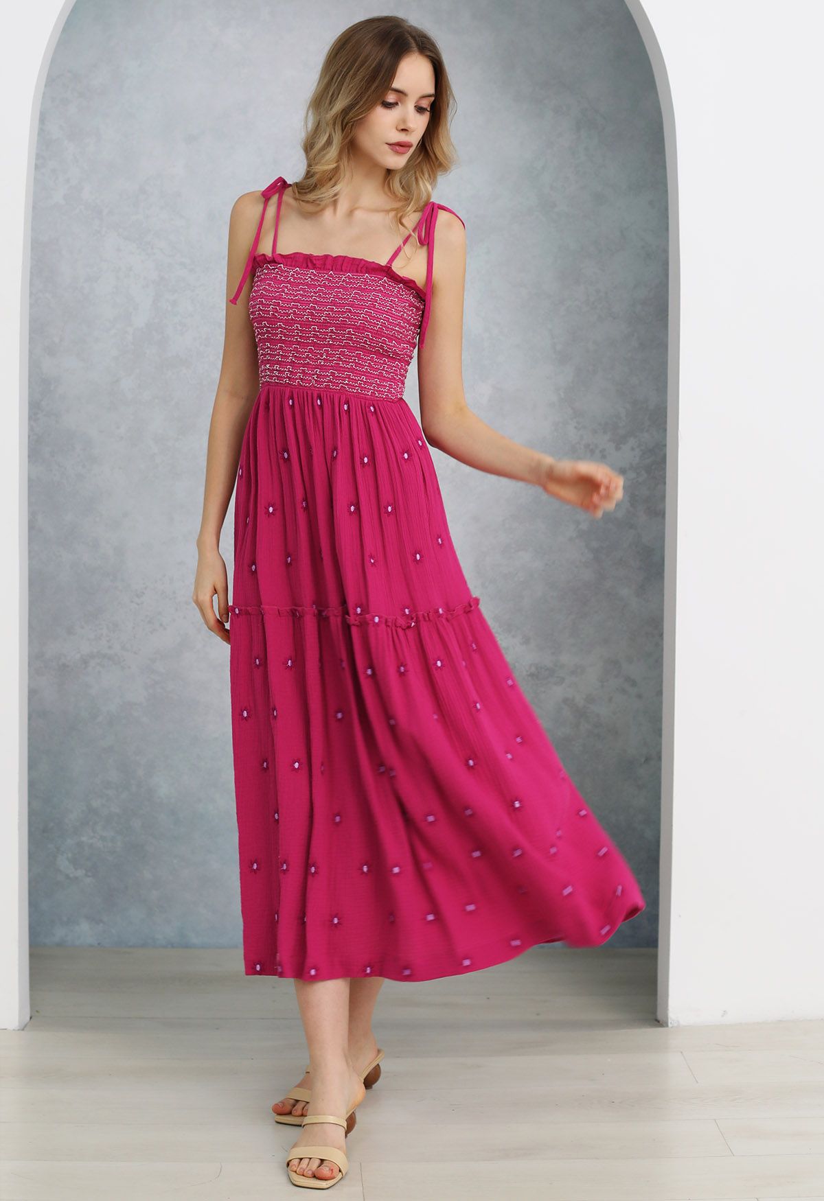 Floret Embroidery Tie-Shoulder Shirred Dress in Hot Pink