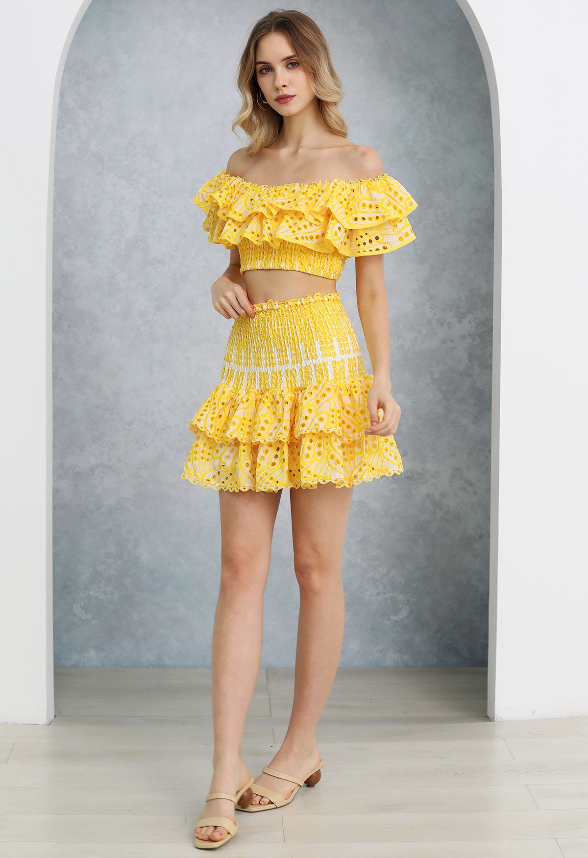 Ruffled Off-Shoulder Shirred Crop Top and Mini Skirt Set in Yellow