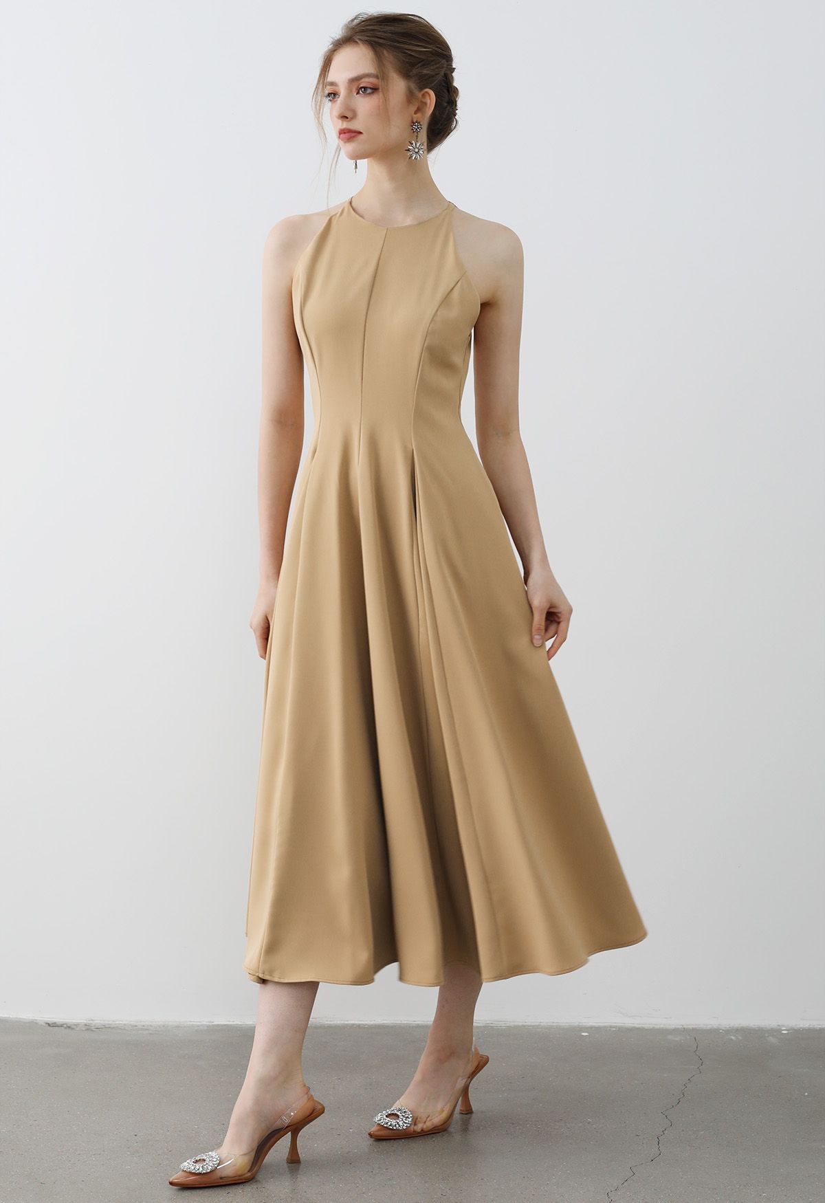 Refined Halter Neck Panelled Midi Dress in Camel