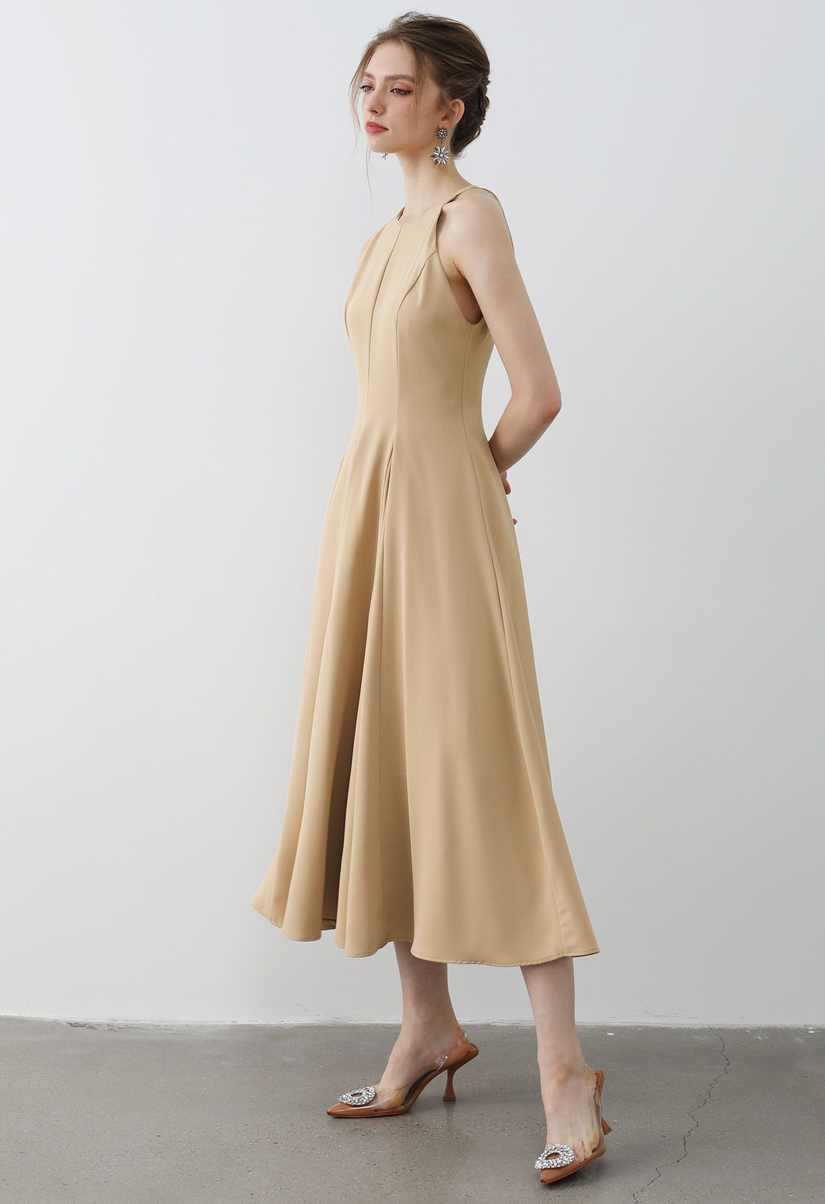 Refined Halter Neck Panelled Midi Dress in Camel