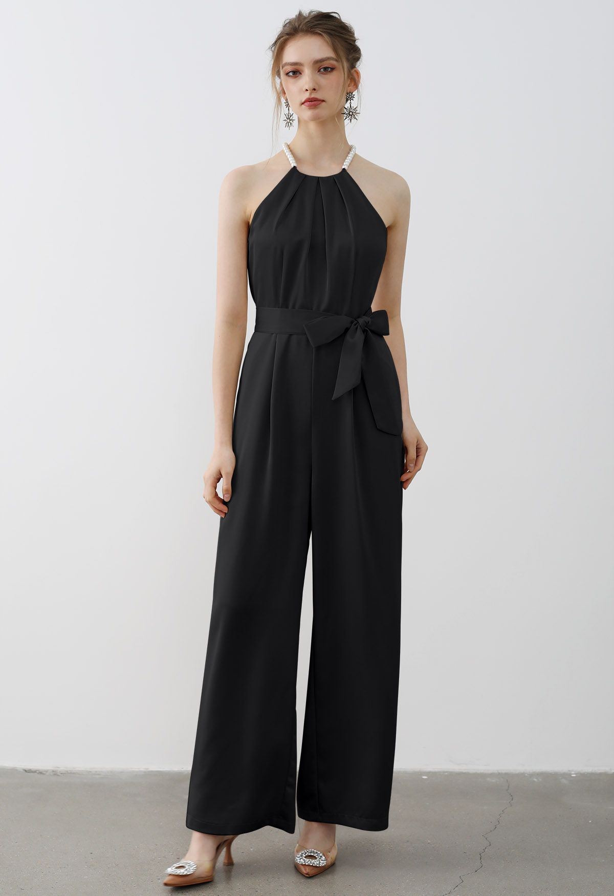 Satin Tie-Waist Pearly Halter Jumpsuit in Black