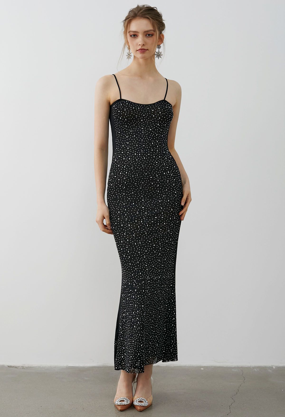 Rhinestone Embellished Bodycon Mesh Maxi Dress in Black