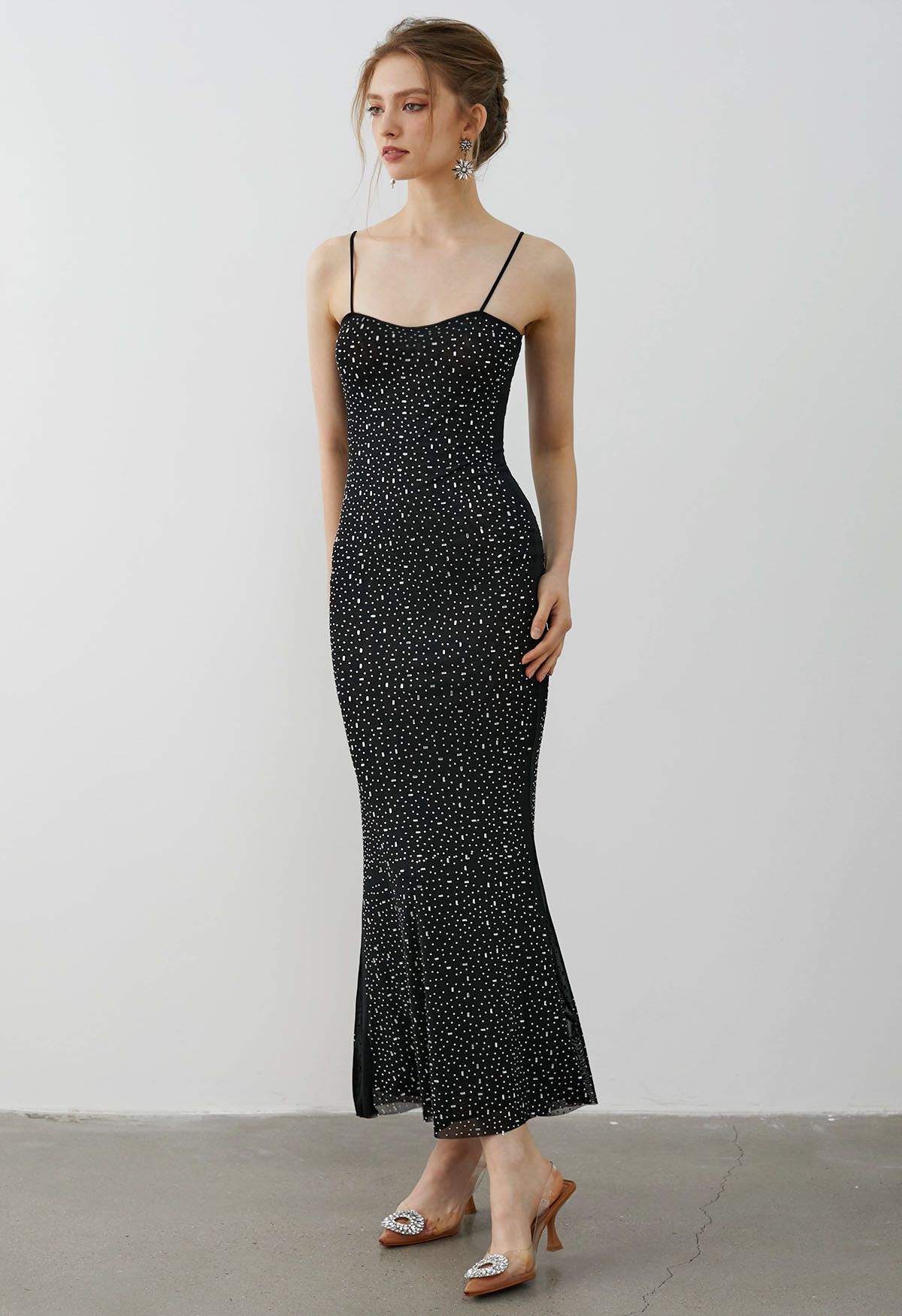 Rhinestone Embellished Bodycon Mesh Maxi Dress in Black