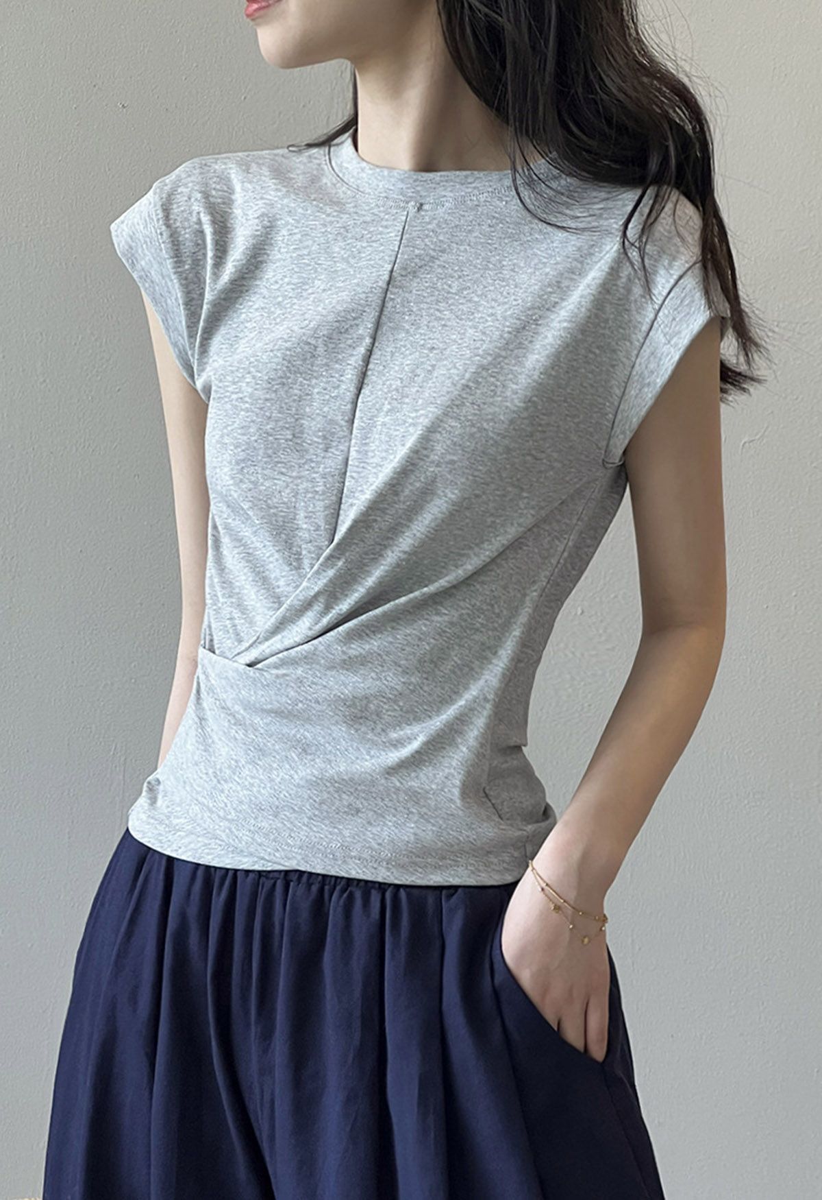 Cap Sleeve Crisscross Cotton Top in Grey