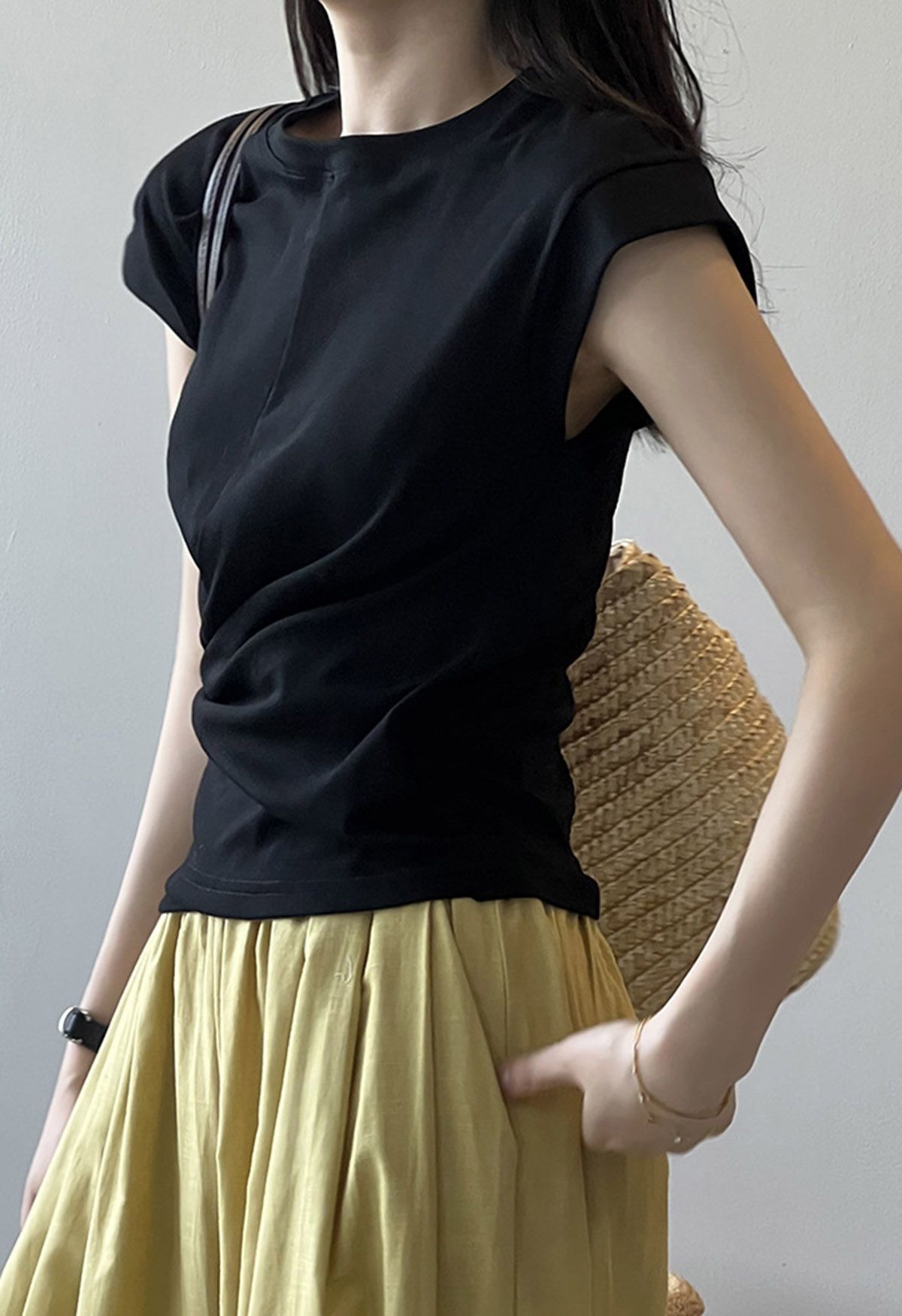 Cap Sleeve Crisscross Cotton Top in Black