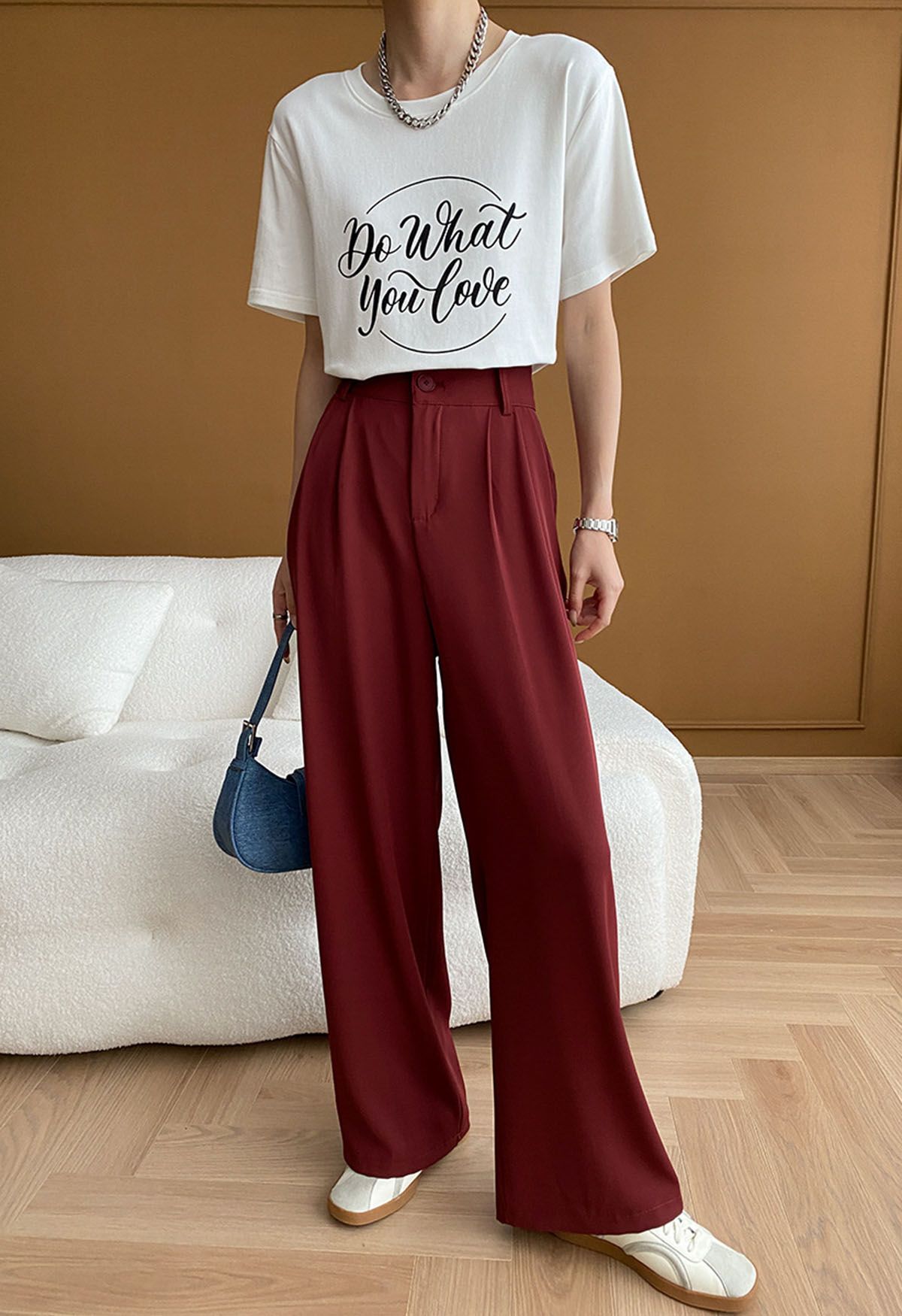 High-Waist Straight-Leg Pants in Red