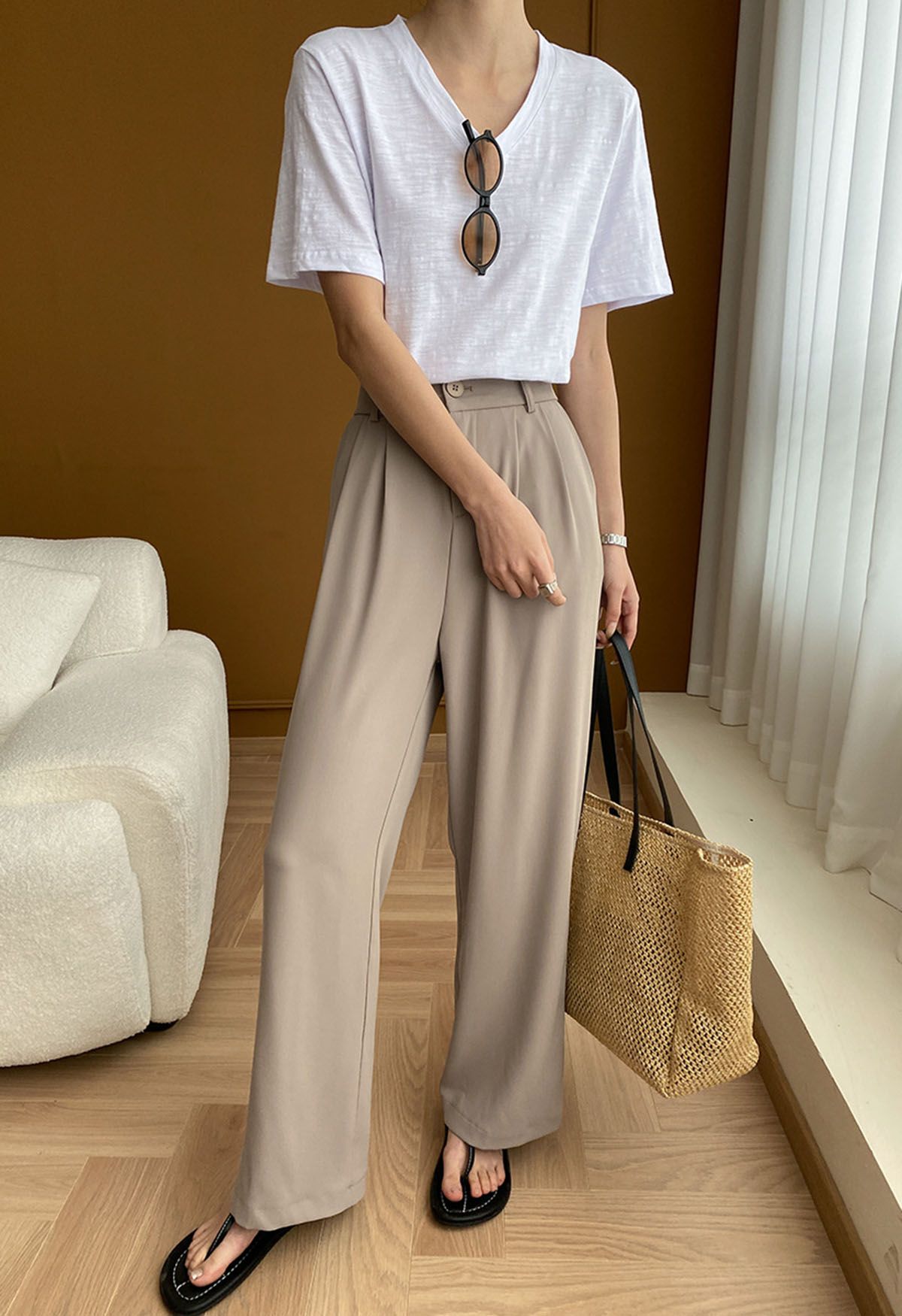 High-Waist Straight-Leg Pants in Khaki