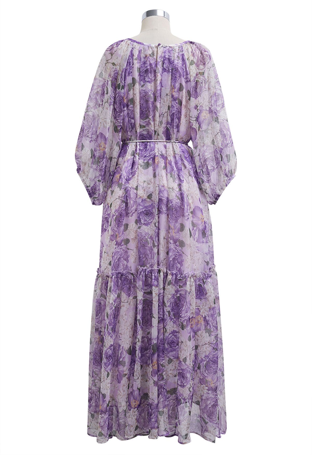 Gauzy Floral Print Bubble Sleeve Dolly Dress in Purple