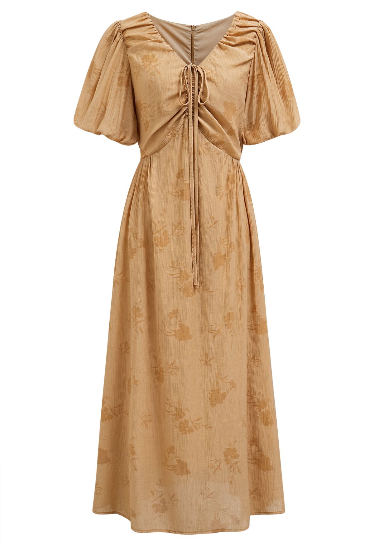 Subtle Floral Texture Drawstring V-Neck Midi Dress in Tan