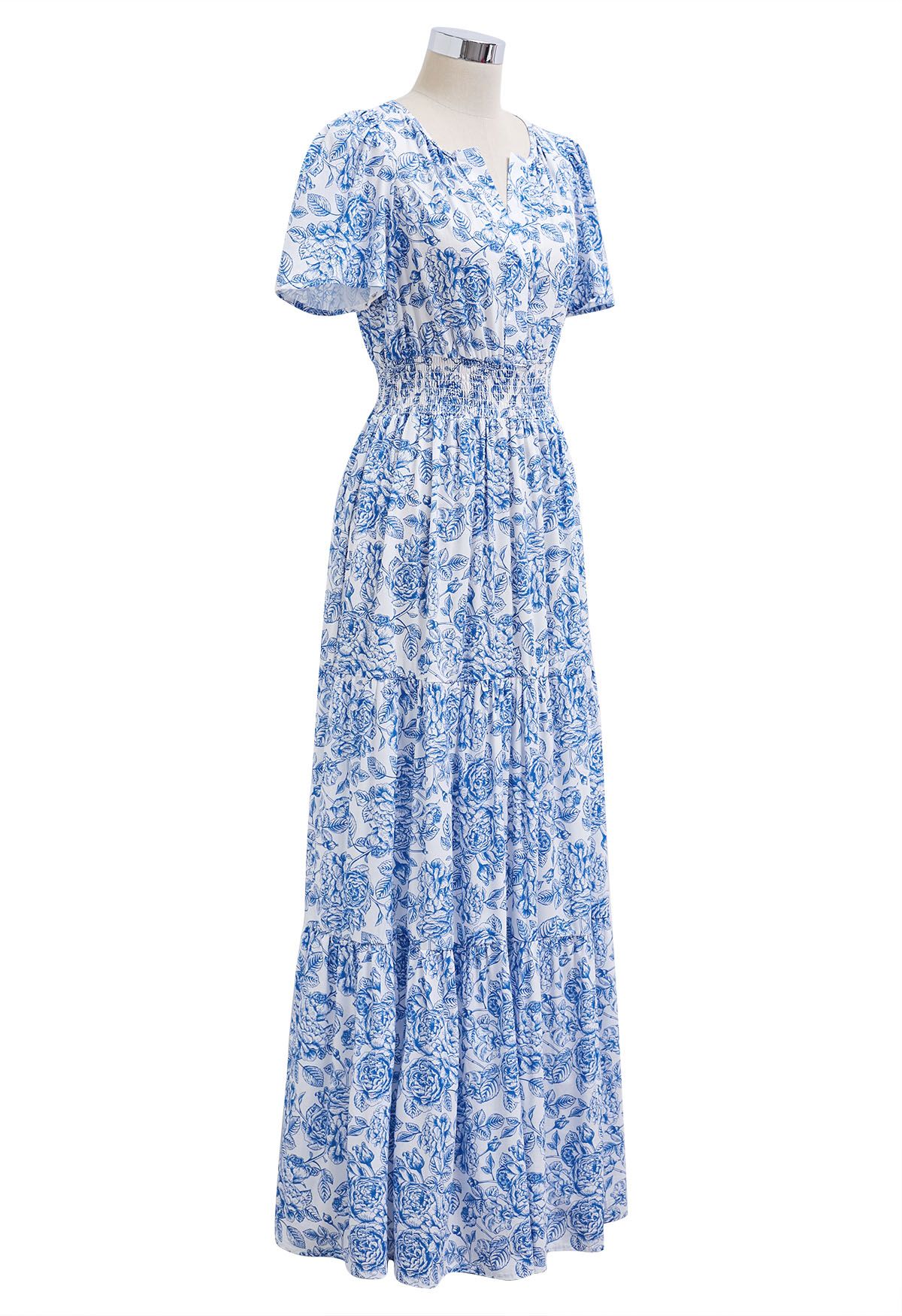 Ebullient Blue Flower Printed Maxi Dress