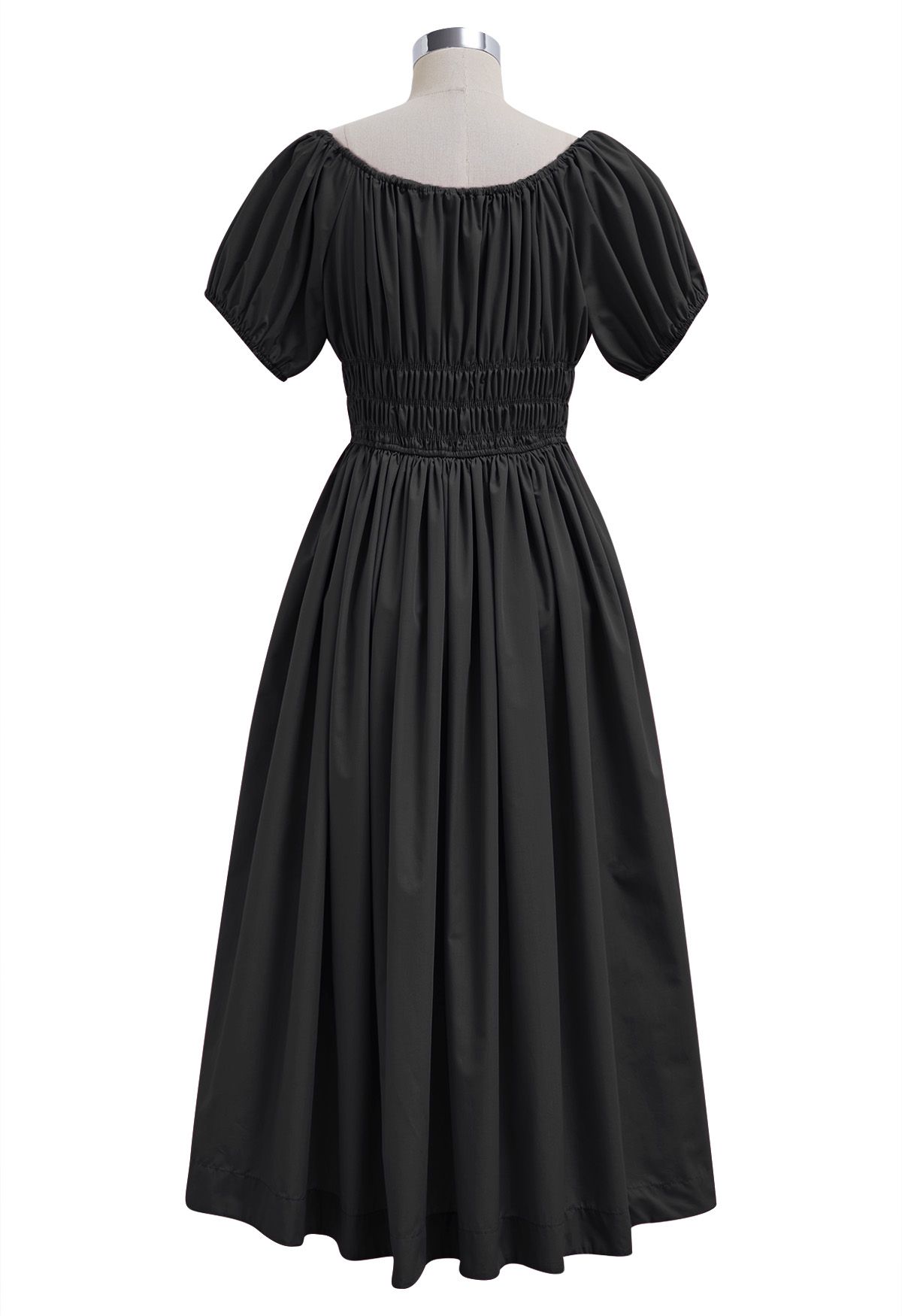 Square Neck Bubble Sleeve Shirred Midi Dress in Black