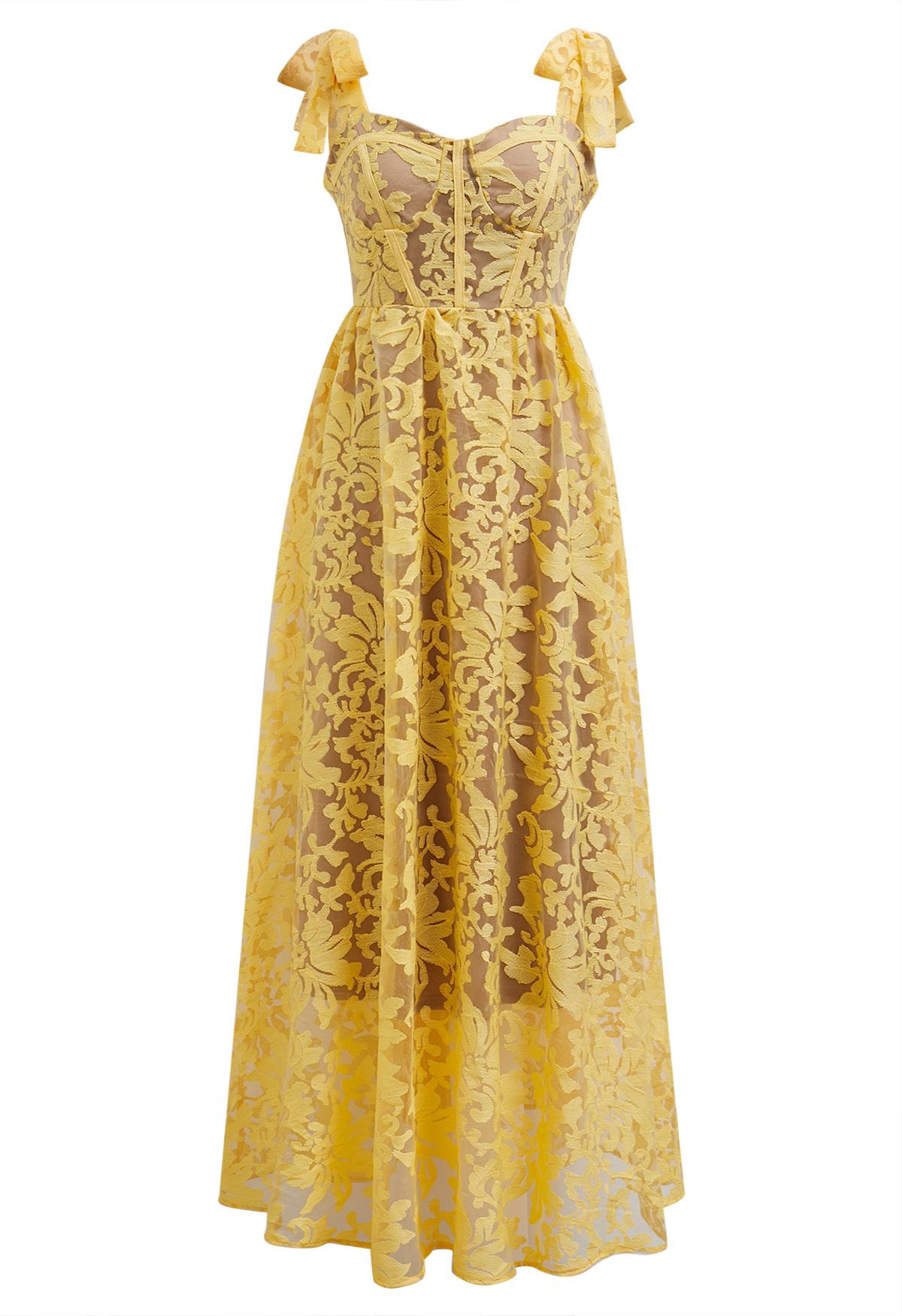 Yellow Embroidered Floral Organza Cami Dress