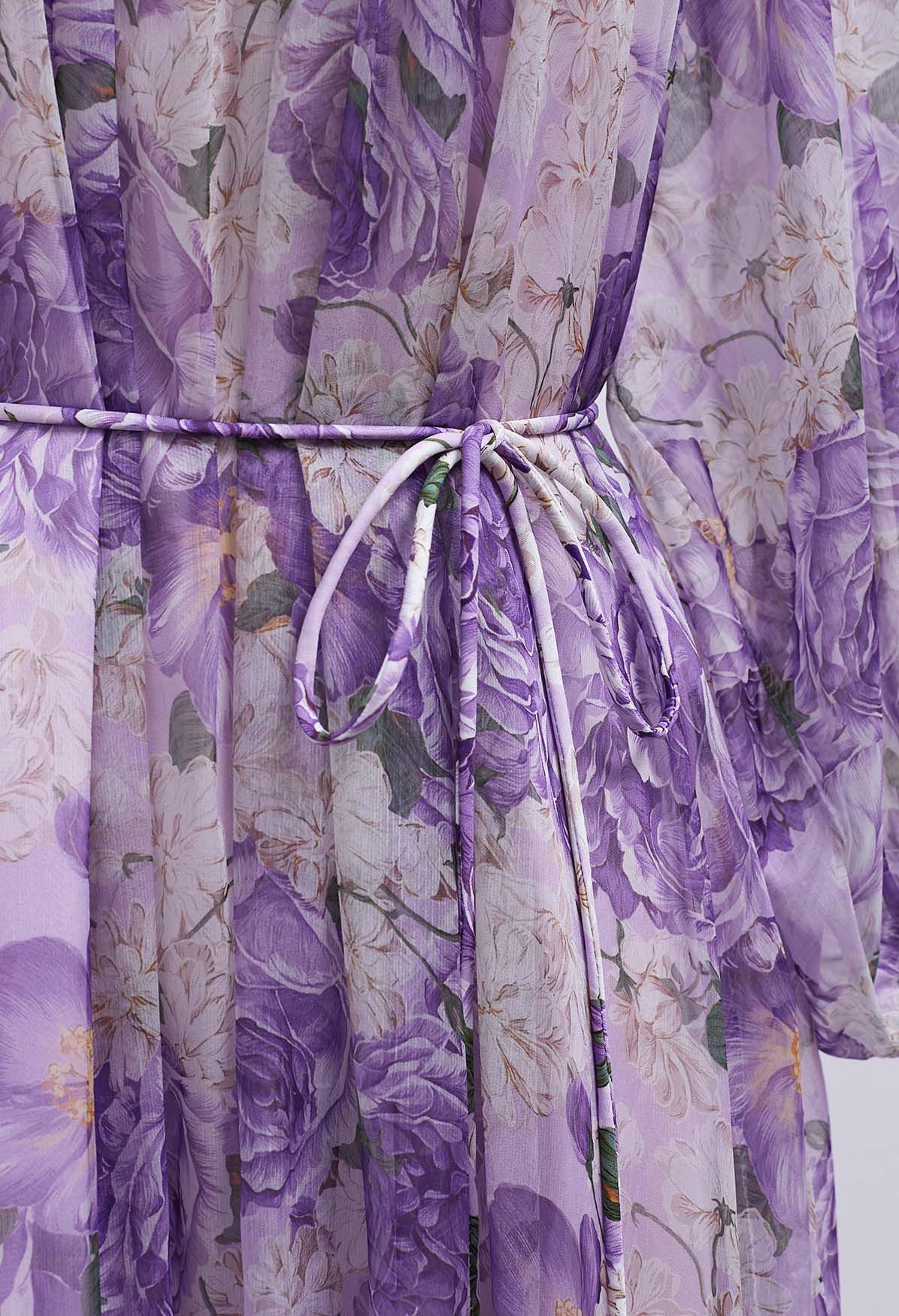 Gauzy Floral Print Bubble Sleeve Dolly Dress in Purple