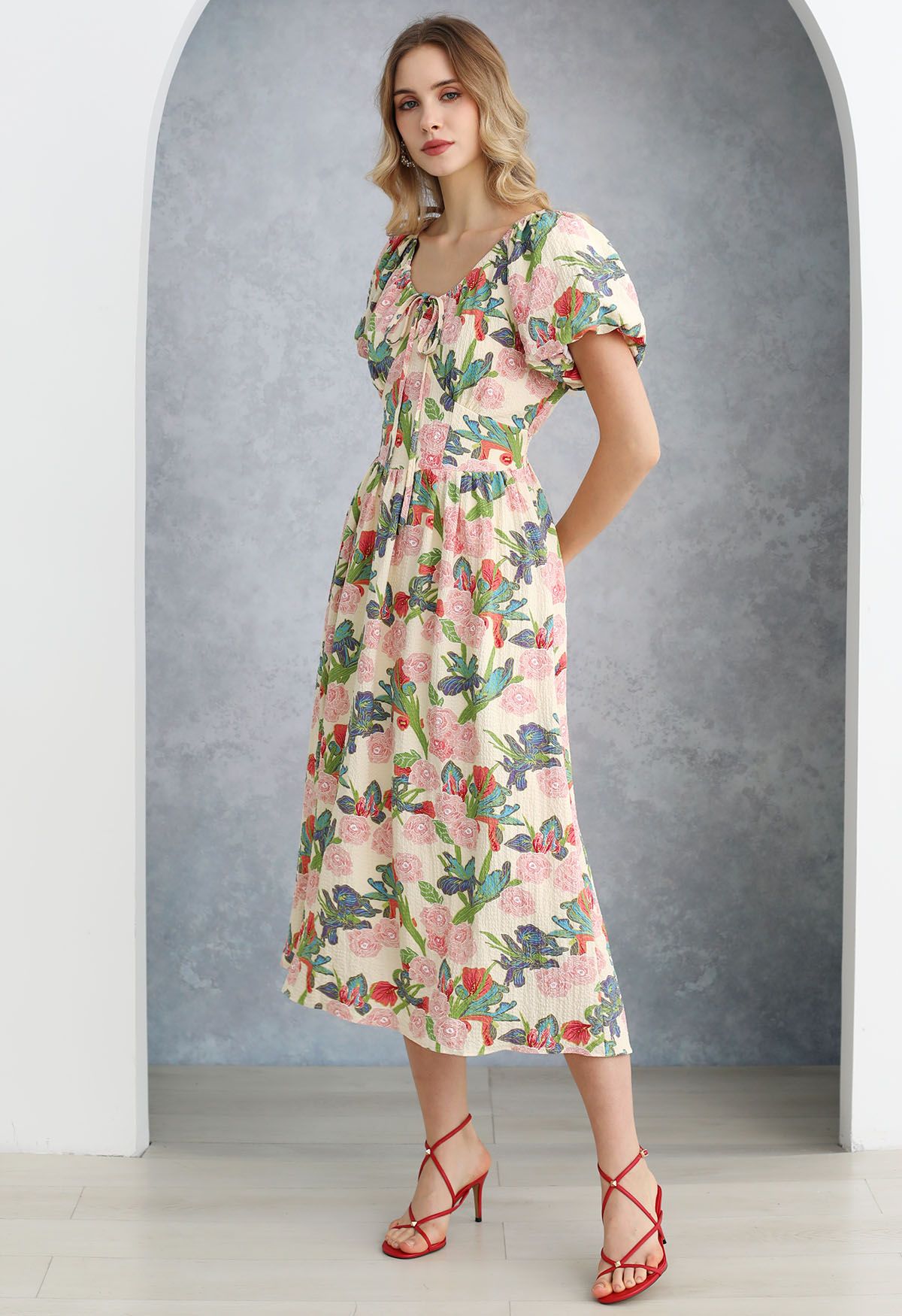 Leafy Garden Rose Print Puff Sleeve Midi Dress