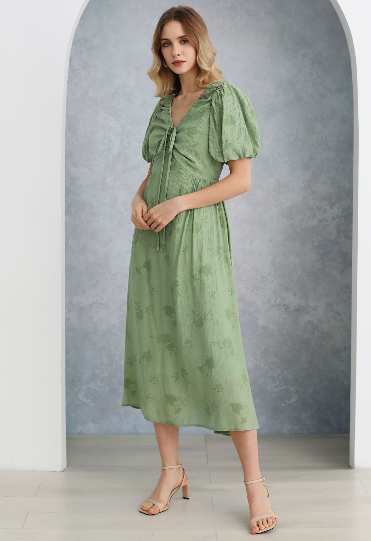 Subtle Floral Texture Drawstring V-Neck Midi Dress in Green