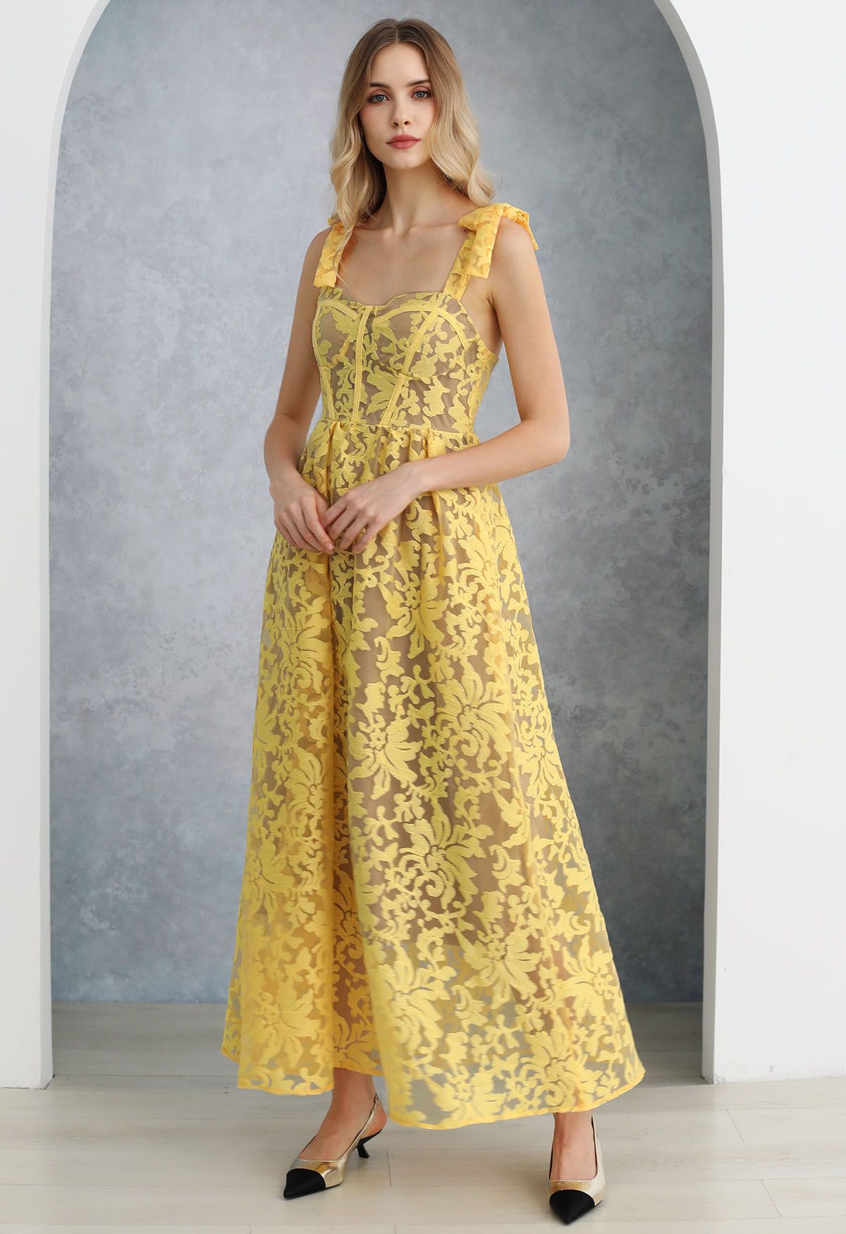 Yellow Embroidered Floral Organza Cami Dress