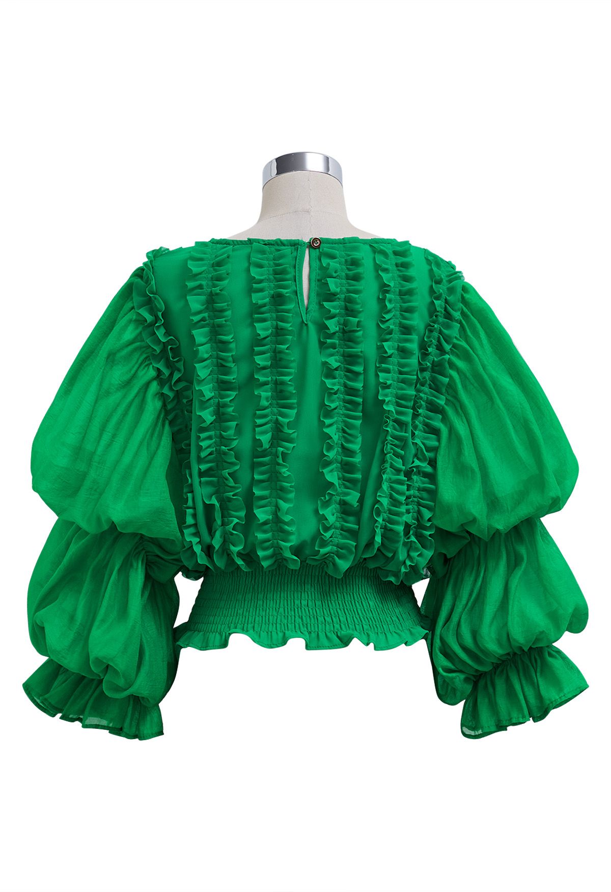 Bubble Sleeve Ruffle Trim Chiffon Spliced Crop Top in Green