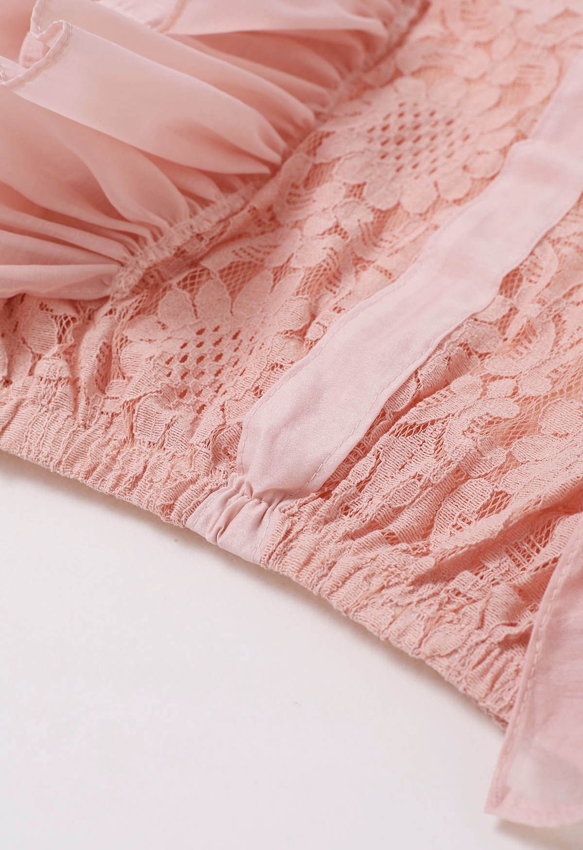 Tiered Ruffle Sleeveless Lace Crop Top in Nude Pink