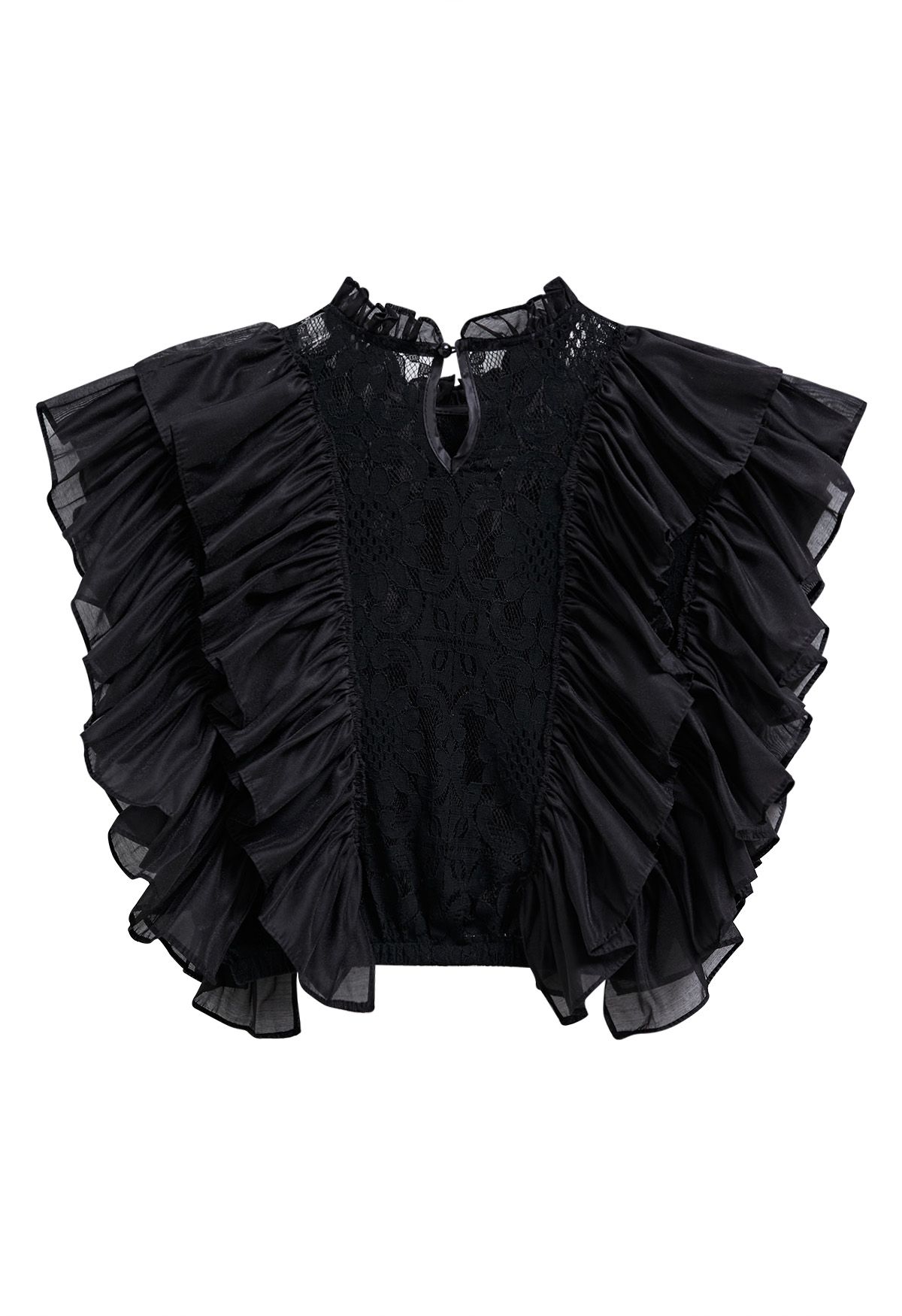 Tiered Ruffle Sleeveless Lace Crop Top in Black