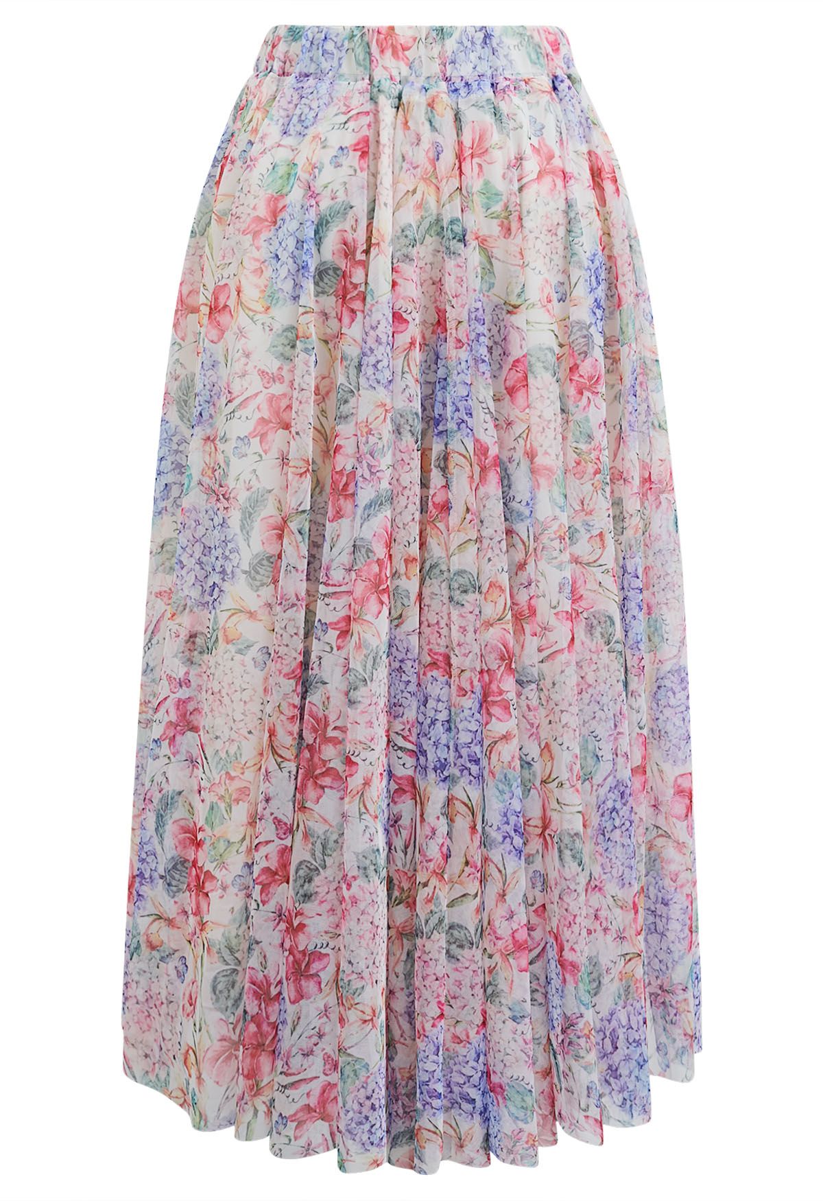 Hydrangea Printed Mesh Tulle Midi Skirt