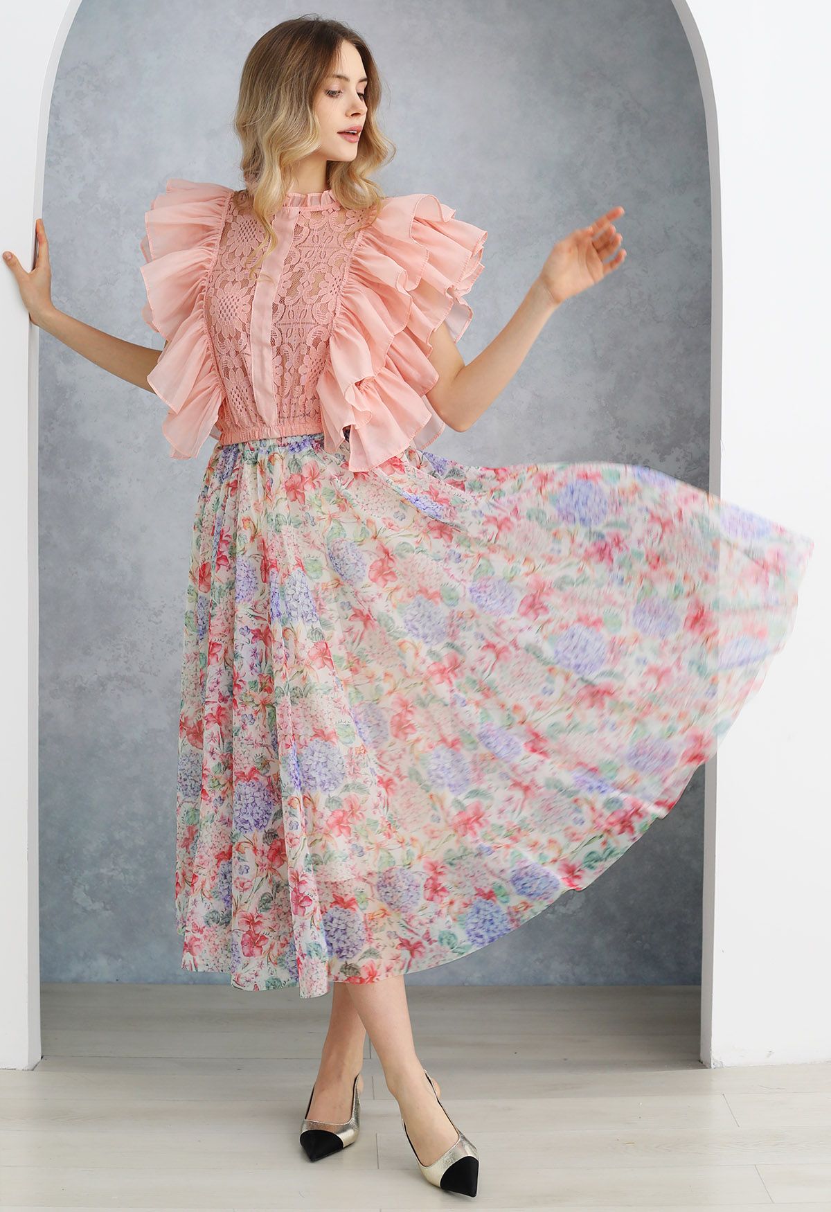 Hydrangea Printed Mesh Tulle Midi Skirt