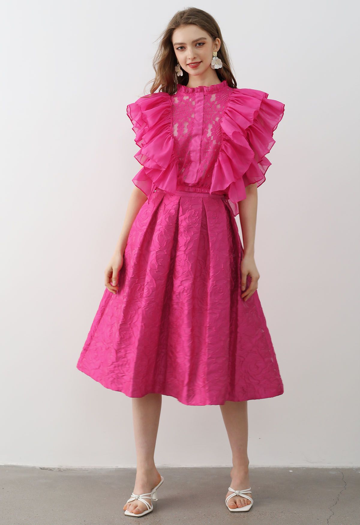 Hot Pink Roses Jacquard Side Pocket Pleated Midi Skirt