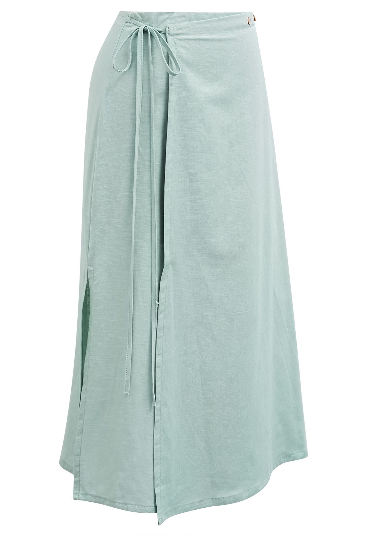 Buttoned Tie-Waist Split Flap Midi Skirt in Mint