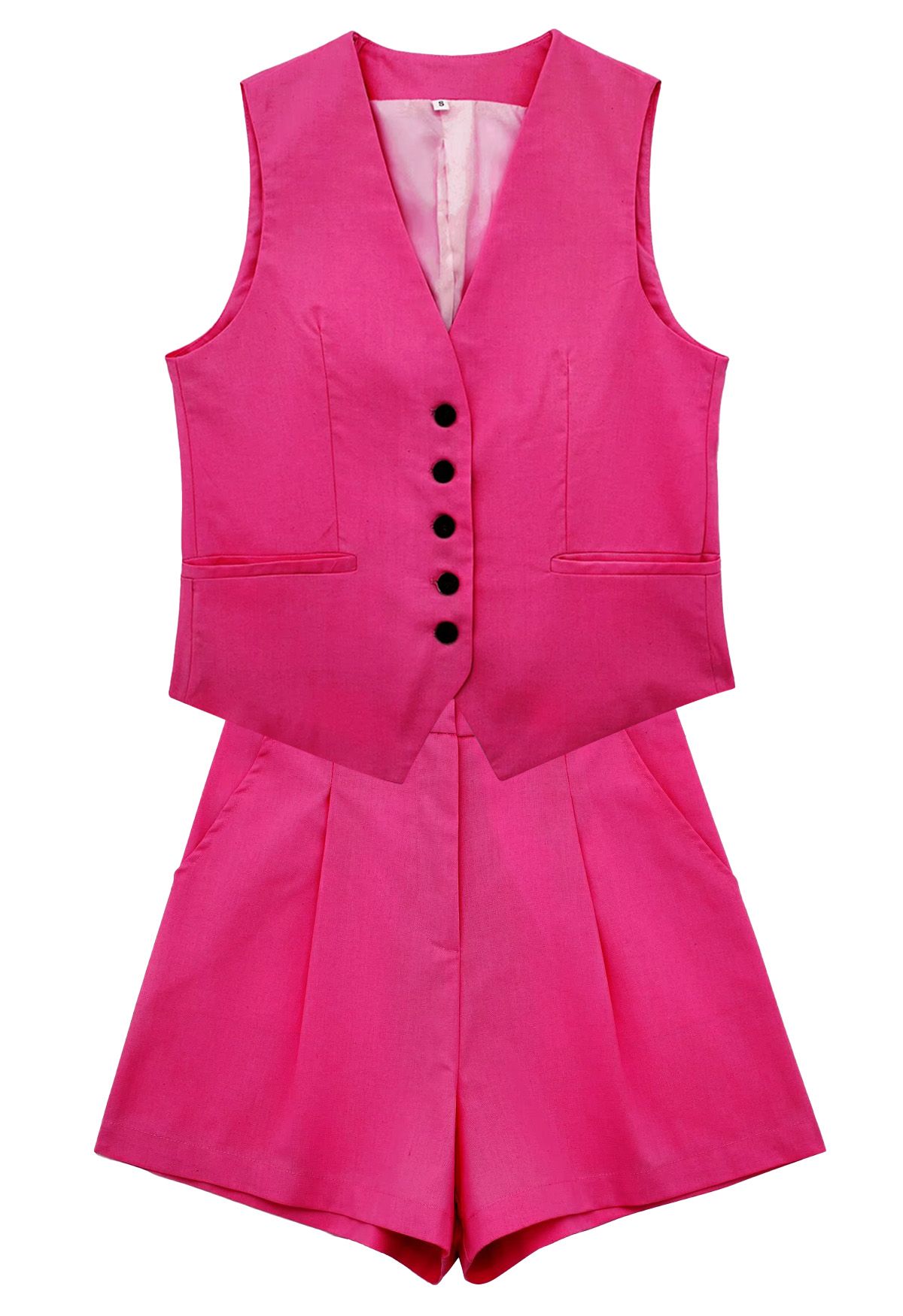 V-Neck Buttoned Down Linen-Blend Vest in Hot Pink