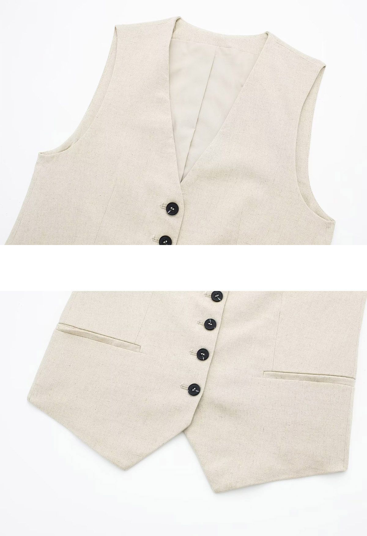 V-Neck Buttoned Down Linen-Blend Vest in Linen