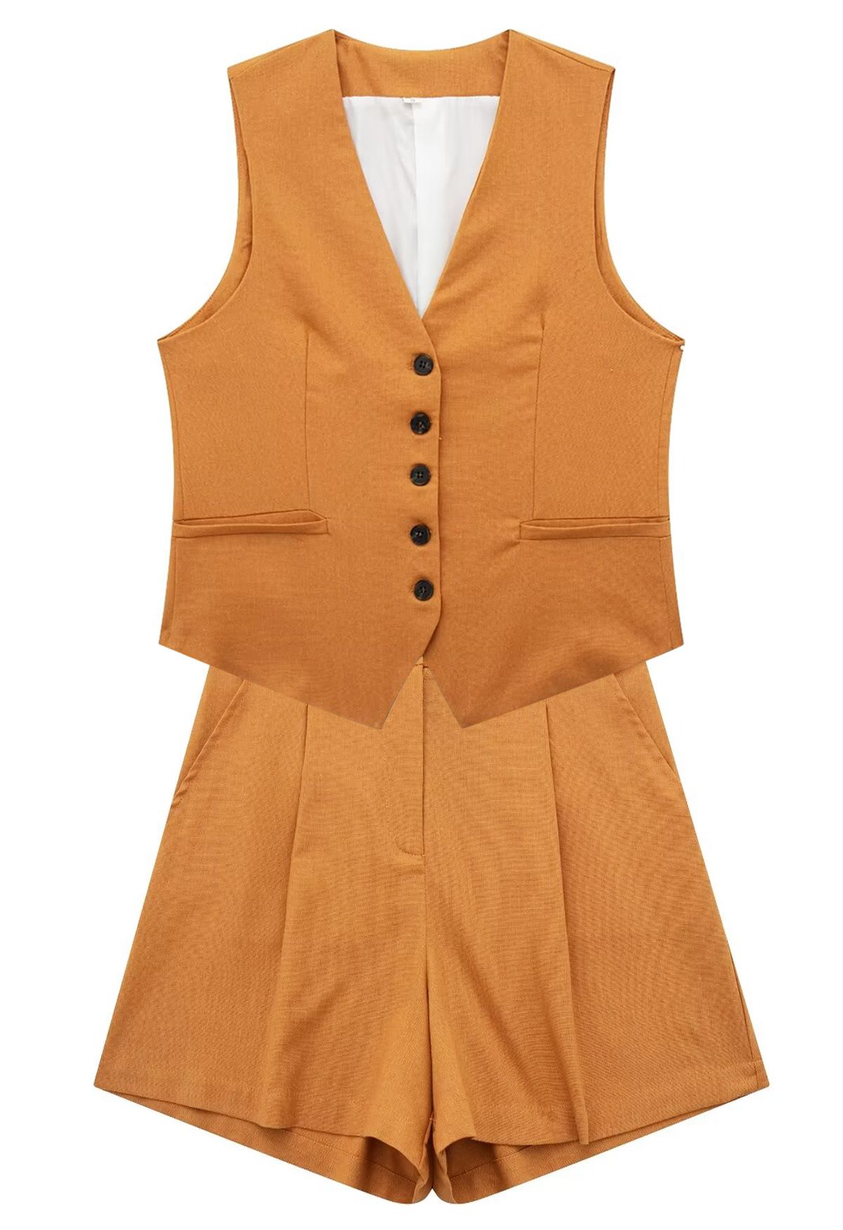 V-Neck Buttoned Down Linen-Blend Vest in Pumpkin