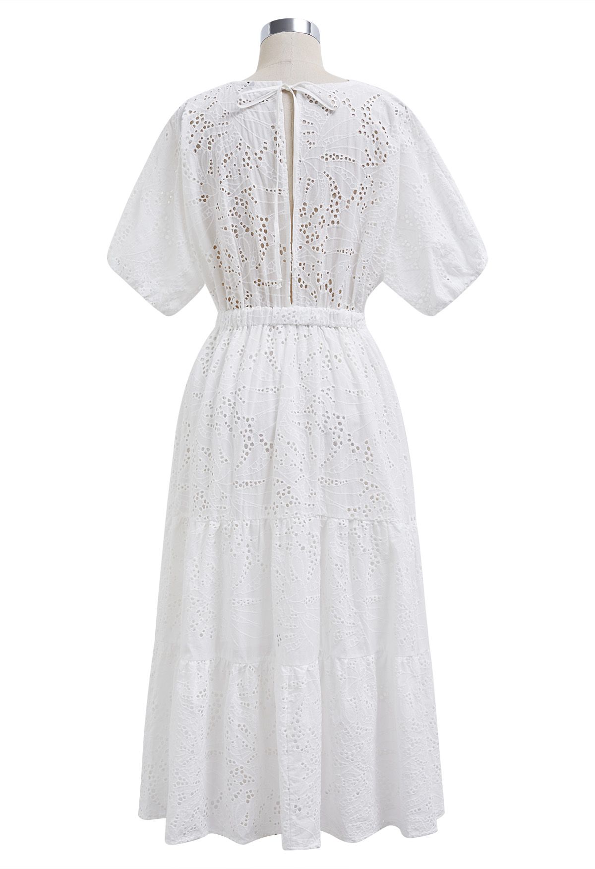 V-Neck Twist Front Eyelet Embroidery Midi Dress