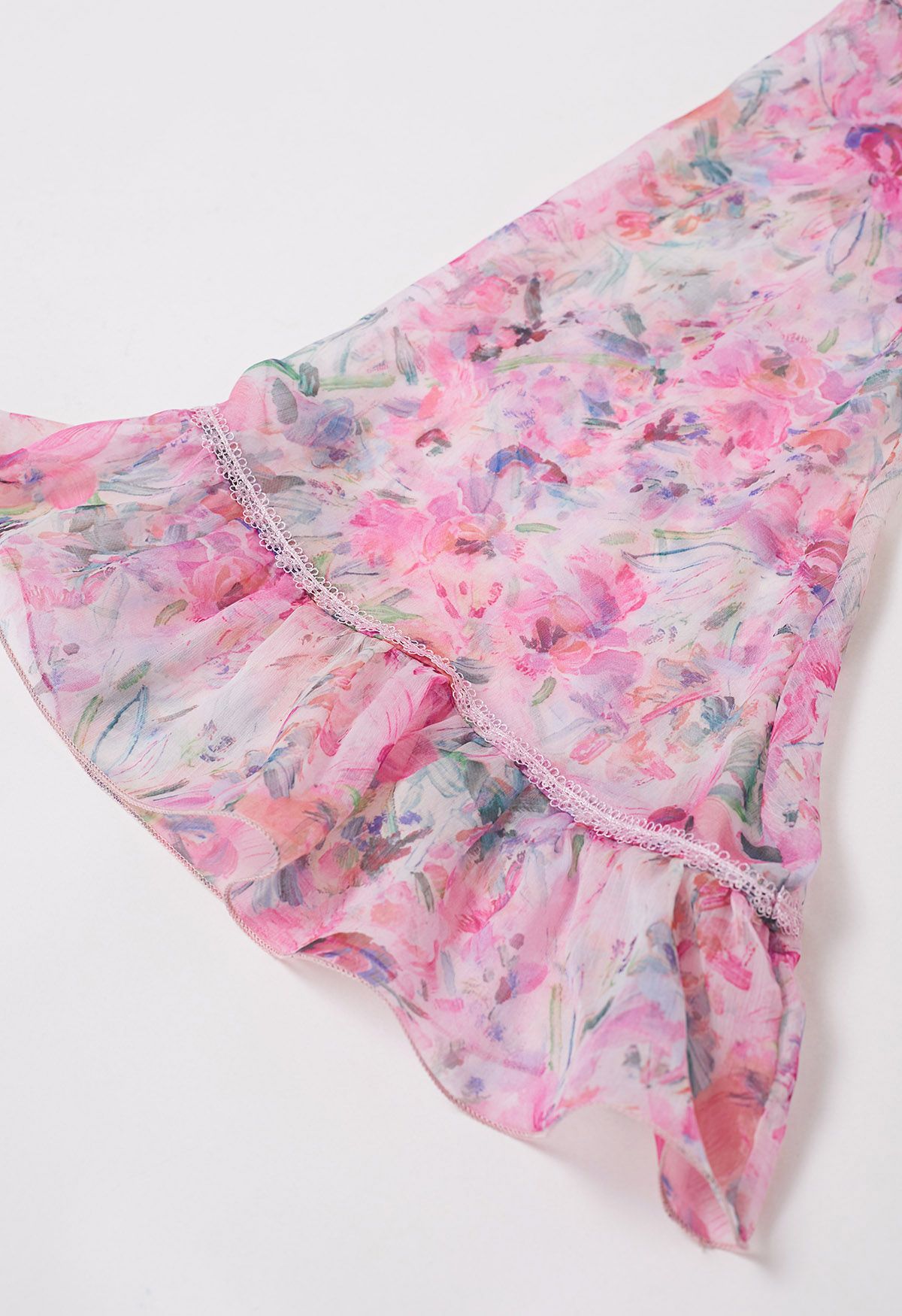 Watercolor Floral Ruffle Bell Sleeve Sheer Top in Pink