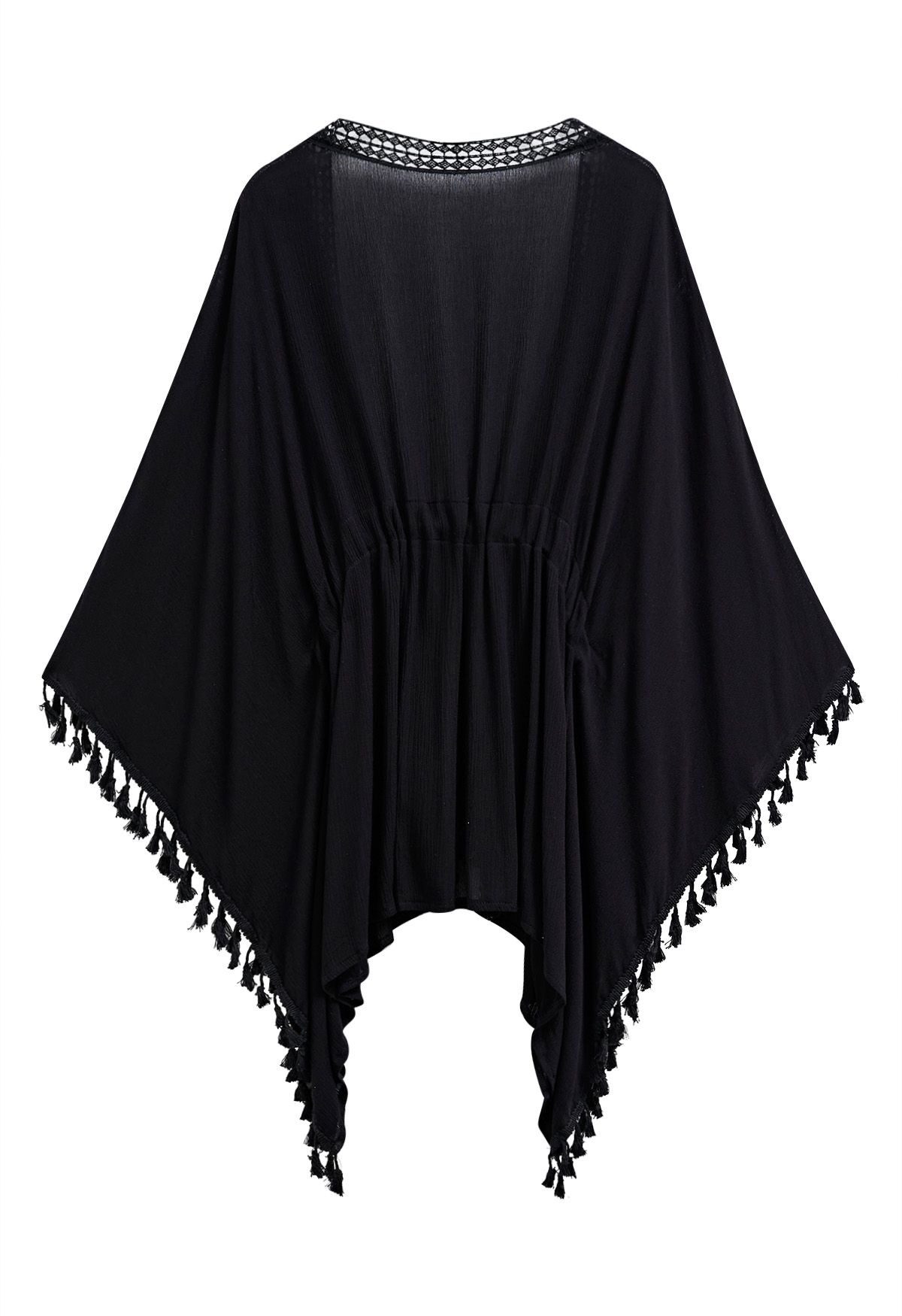 Tassel Batwing Sleeve Waist Tie Cover-Up Dress in Black