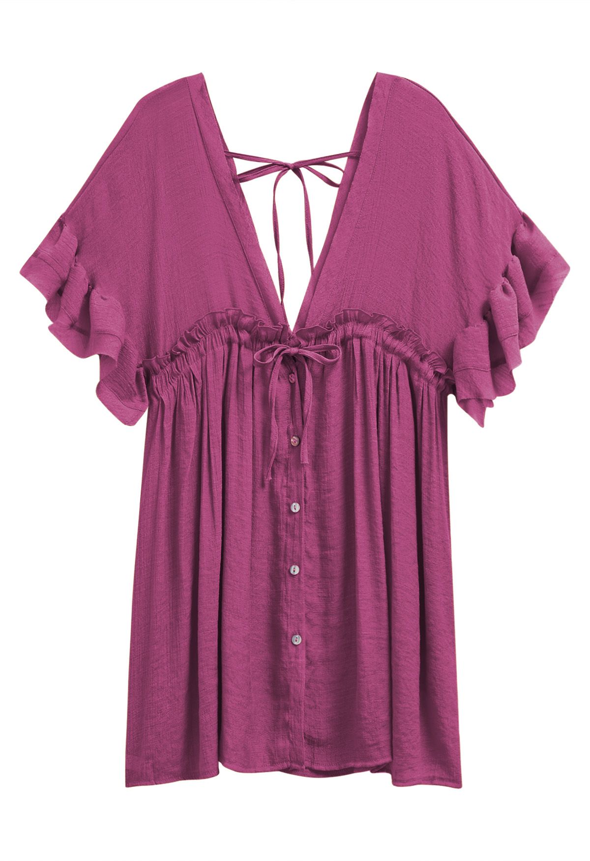 Deep V-Neck Flounce Sleeve Buttoned Cover-Up in Purple