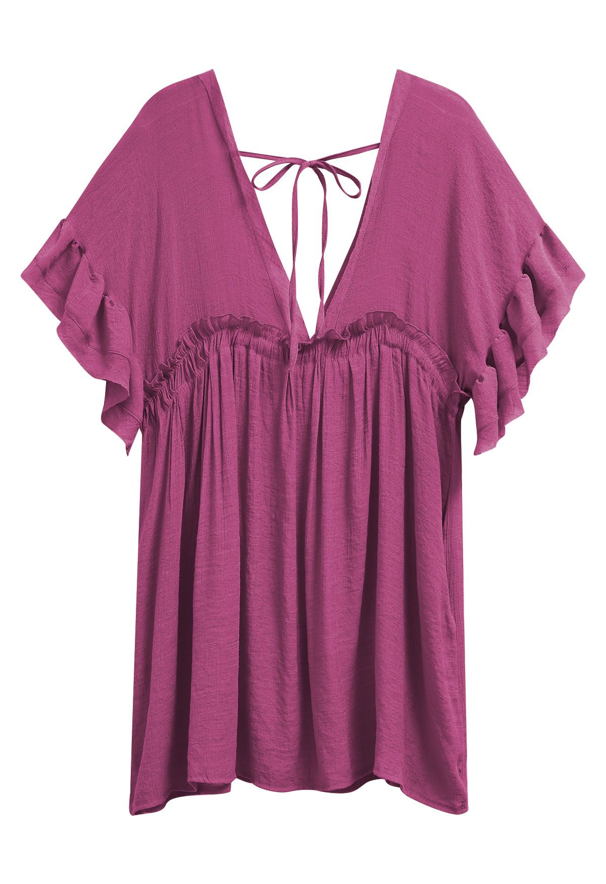 Deep V-Neck Flounce Sleeve Buttoned Cover-Up in Purple