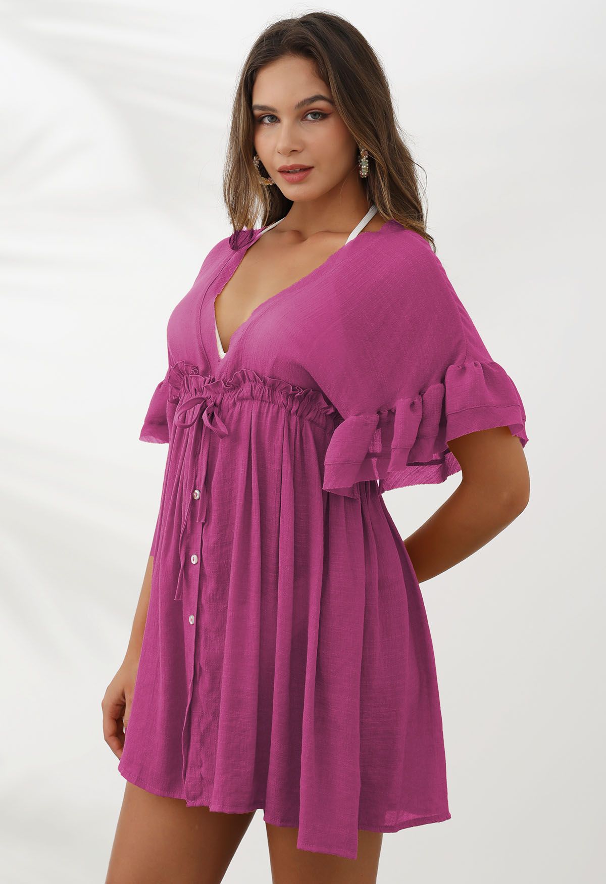 Deep V-Neck Flounce Sleeve Buttoned Cover-Up in Purple