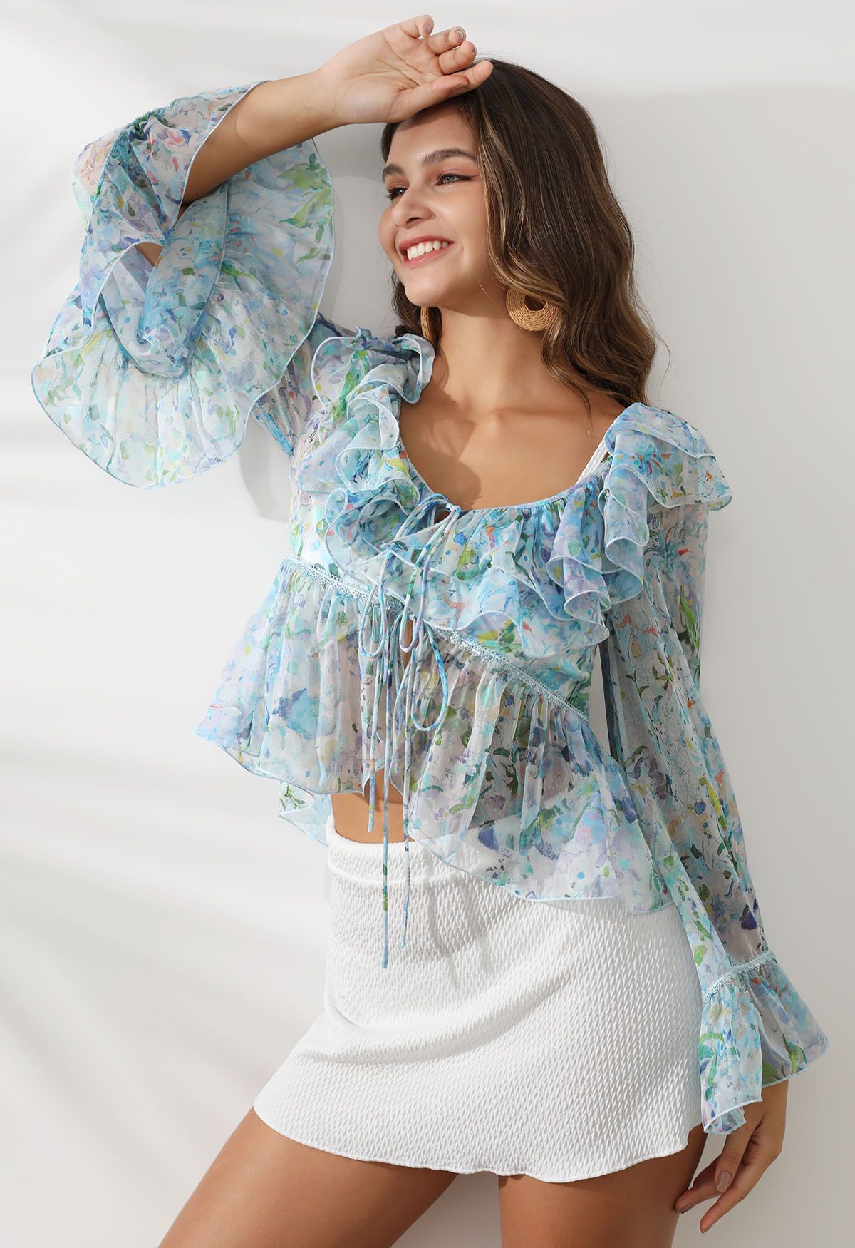 Watercolor Floral Ruffle Bell Sleeve Sheer Top in Blue