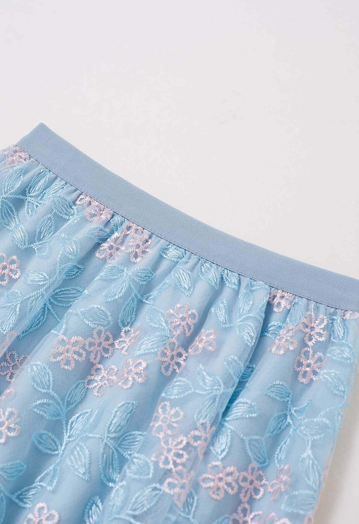 Floral Leaf Embroidered Mesh Tulle Midi Skirt in Blue