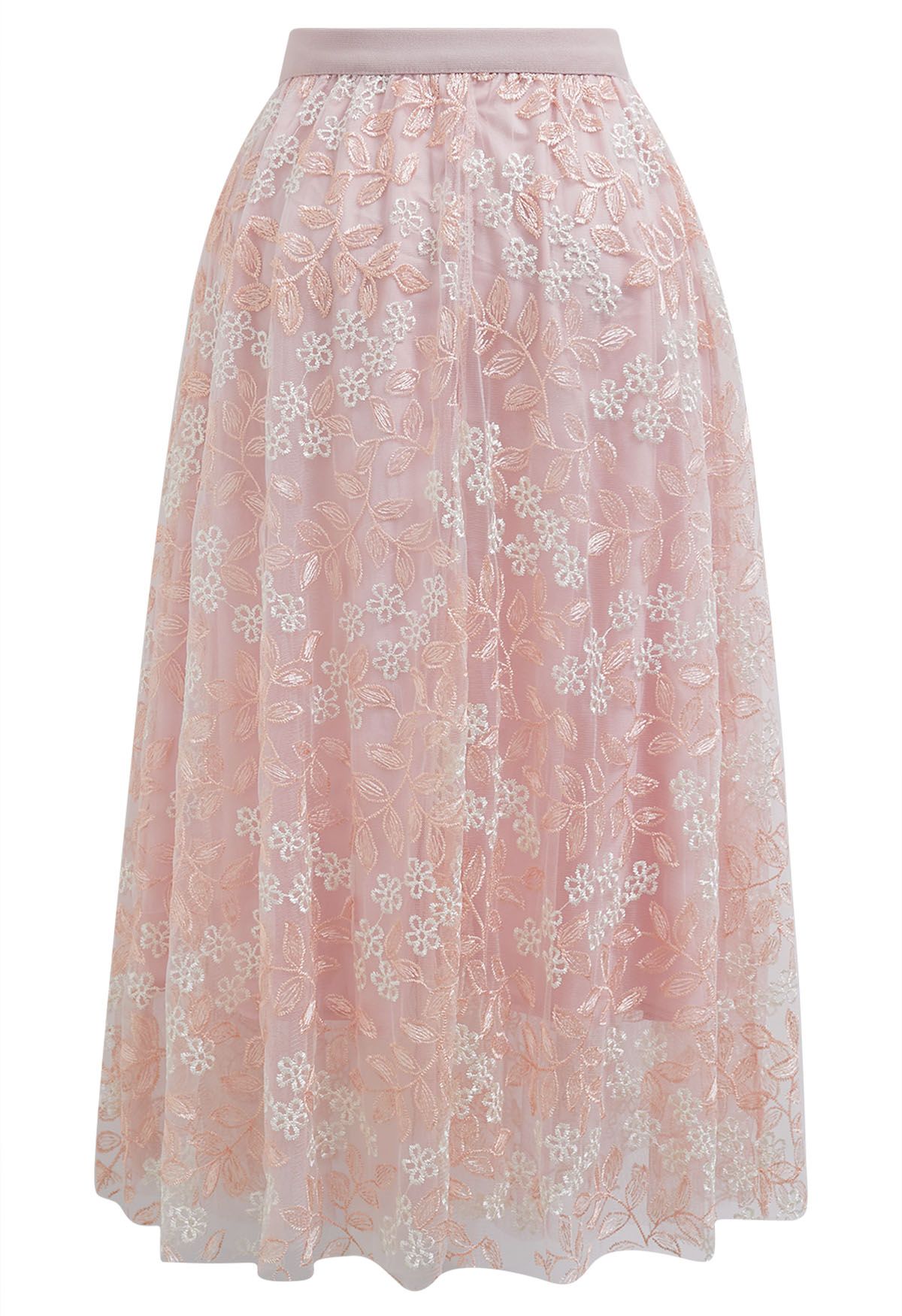 Floral Leaf Embroidered Mesh Tulle Midi Skirt in Pink