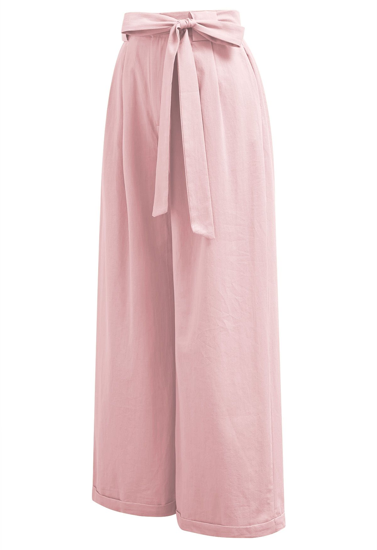 Bow Tie Sash Pleated Wide-Leg Pants in Pink